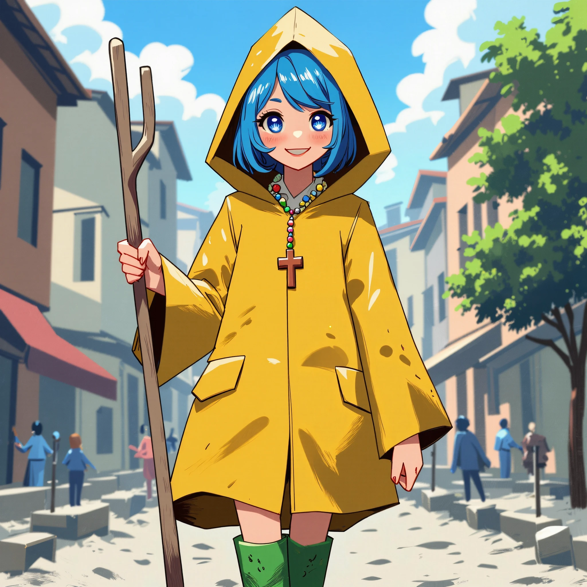 The image is a digital drawing in an anime art style. The subject is a young woman with short vibrant blue hair and fair skin. She is wearing a yellow raincoat with a hood which covers her head and shoulders and a pair of knee-high green dirty boots. she has a colorful rosary with a cross as necklace. Her facial expression is cheerful with a slight smirk and she is holding a wooden pitchfork in her right hand. Luce_Jubilee, White Seashell in the pupil, she's walking in the pavel streets of rome, clouds in the sky