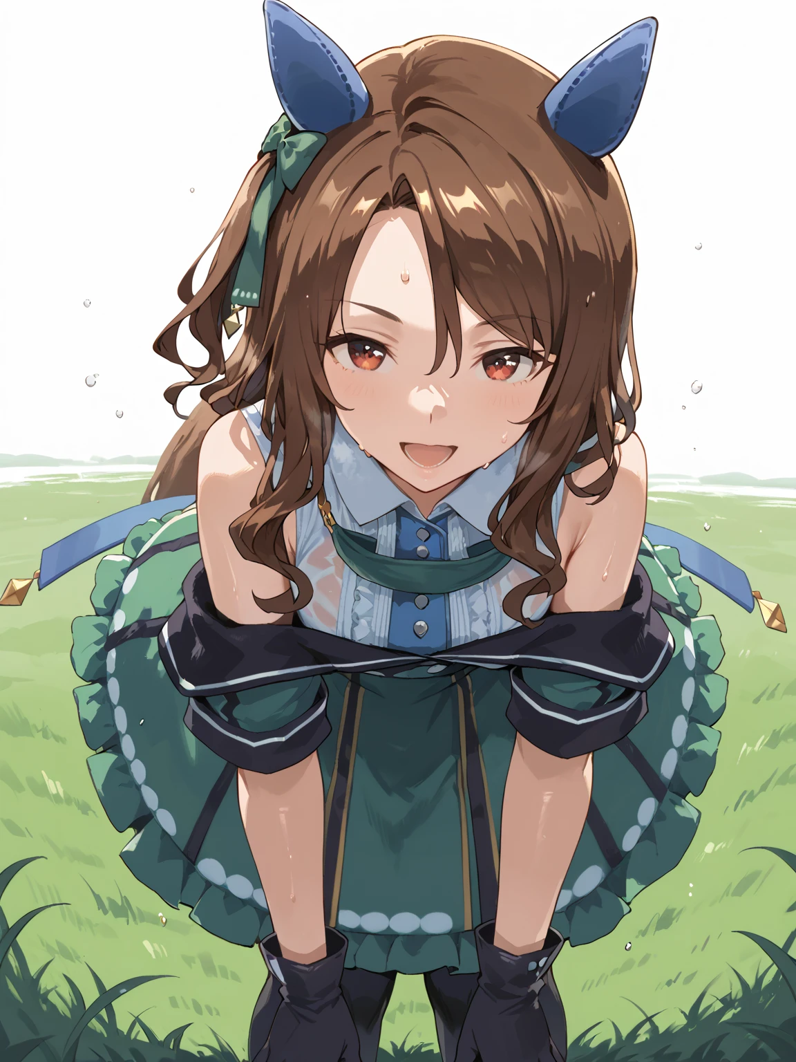 <lora:King_Halo_v1.0_Cibitai:1>,UMAKH,horse ears,blue ear covers,green hairbow,brown hair,medium hair,one side up,red eyes,horse tail,R4CE,gloves,steaming body, wet,sweat,leaning forward,hand on own knees,wind grass,white background, simple background,open mouth,looking at viewer, score_9, score_8_up, score_7_up,source_anime, cinematic lighting,shadow,light particles,chromatic aberration