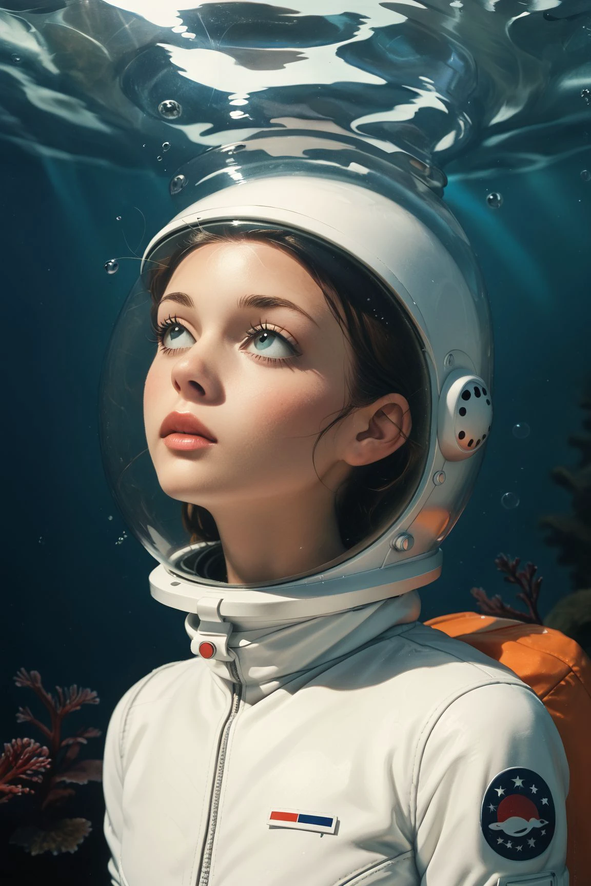 score_9, score_8_up, score_7_up, score_6_up, 
medium close-up,cute,beautiful 18yo 1girl,skinny,petite,hourglass body,wearing a white tight space suit,astronaut helmet,underwater,dark blue,floating under water,looking up