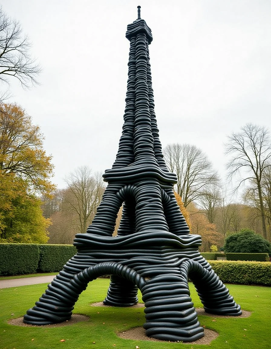 a scupture of the eiffel tower made from inner tubes