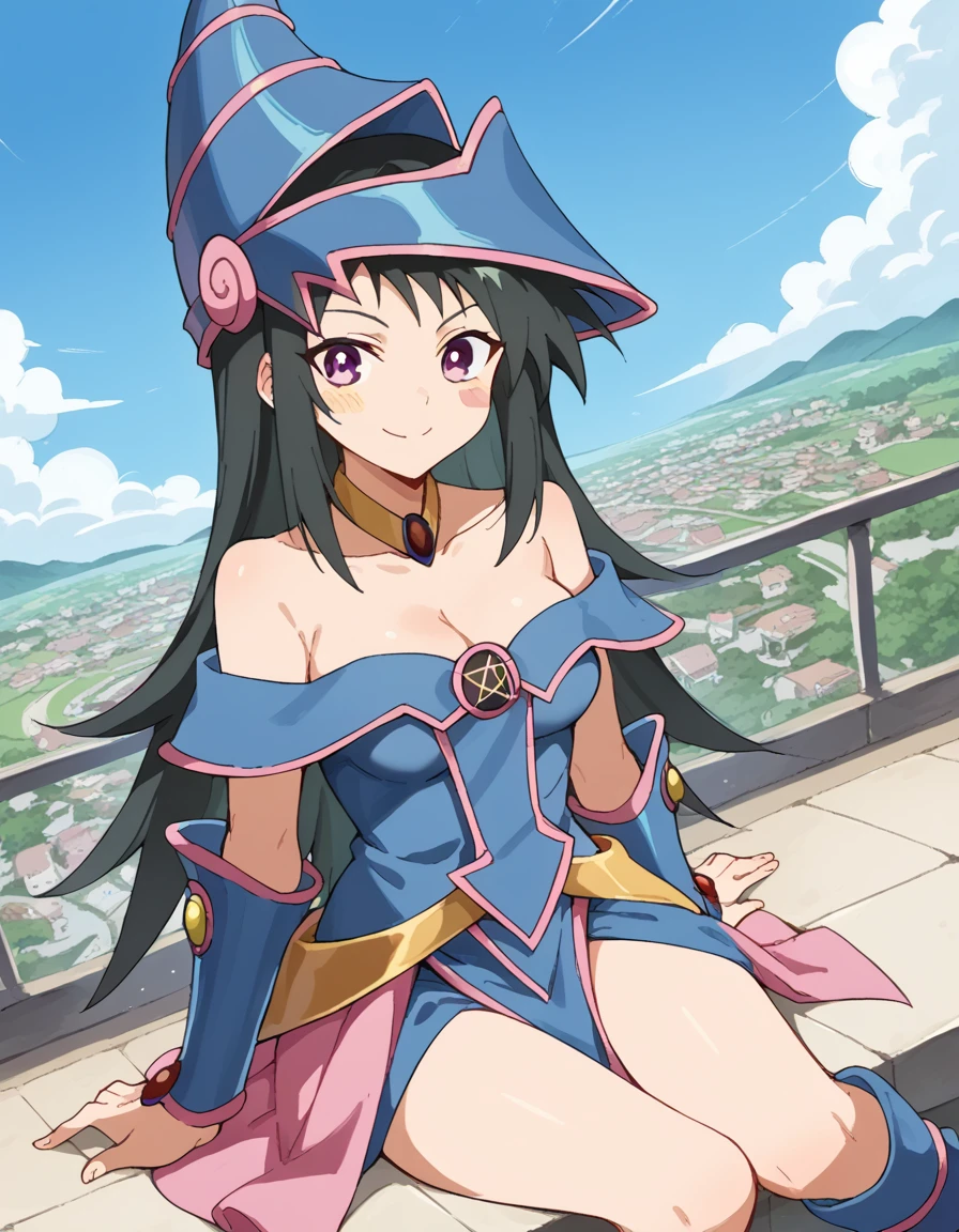 score_9, score_8_up, score_7_up, source_anime, <lora:kyou-nekozaki-s1-ponyxl-lora-nochekaiser:1>, kyou nekozaki, long hair, black hair, purple eyes, medium breasts,, <lora:dark-magician-girl-cosplay-ponyxl-lora-nochekaiser:1>, dark magician girl cosplay, dark magician girl (cosplay), bare shoulders, blue footwear, blush, blush stickers, cleavage, collarbone, duel monster, hat, off shoulder, pentacle, wizard hat,, outdoors, cityscape, sitting, smile, blush, cowboy shot, looking at viewer, , dutch angle, cowboy shot