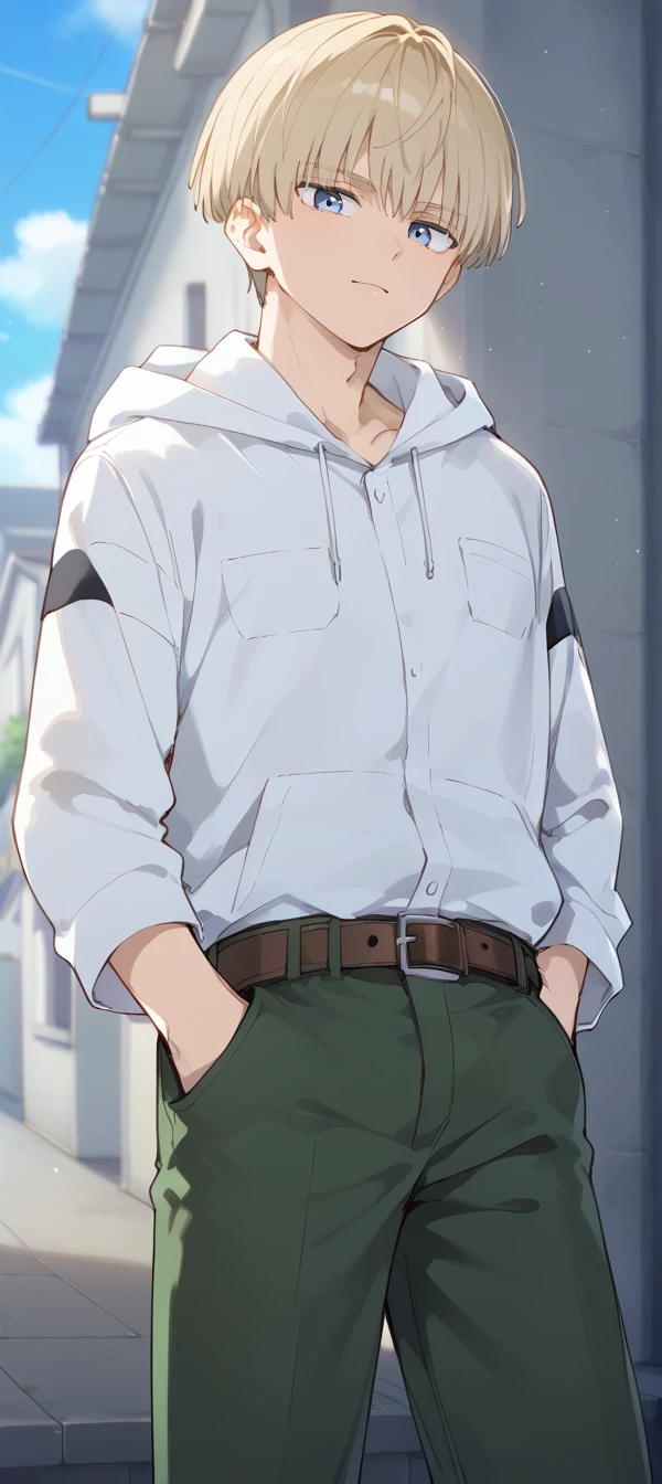 1boy,solo,male focus,kaji ren,blonde hair,short hair,blue eyes,white hood,green pants,belt,hands in pocket,headphone