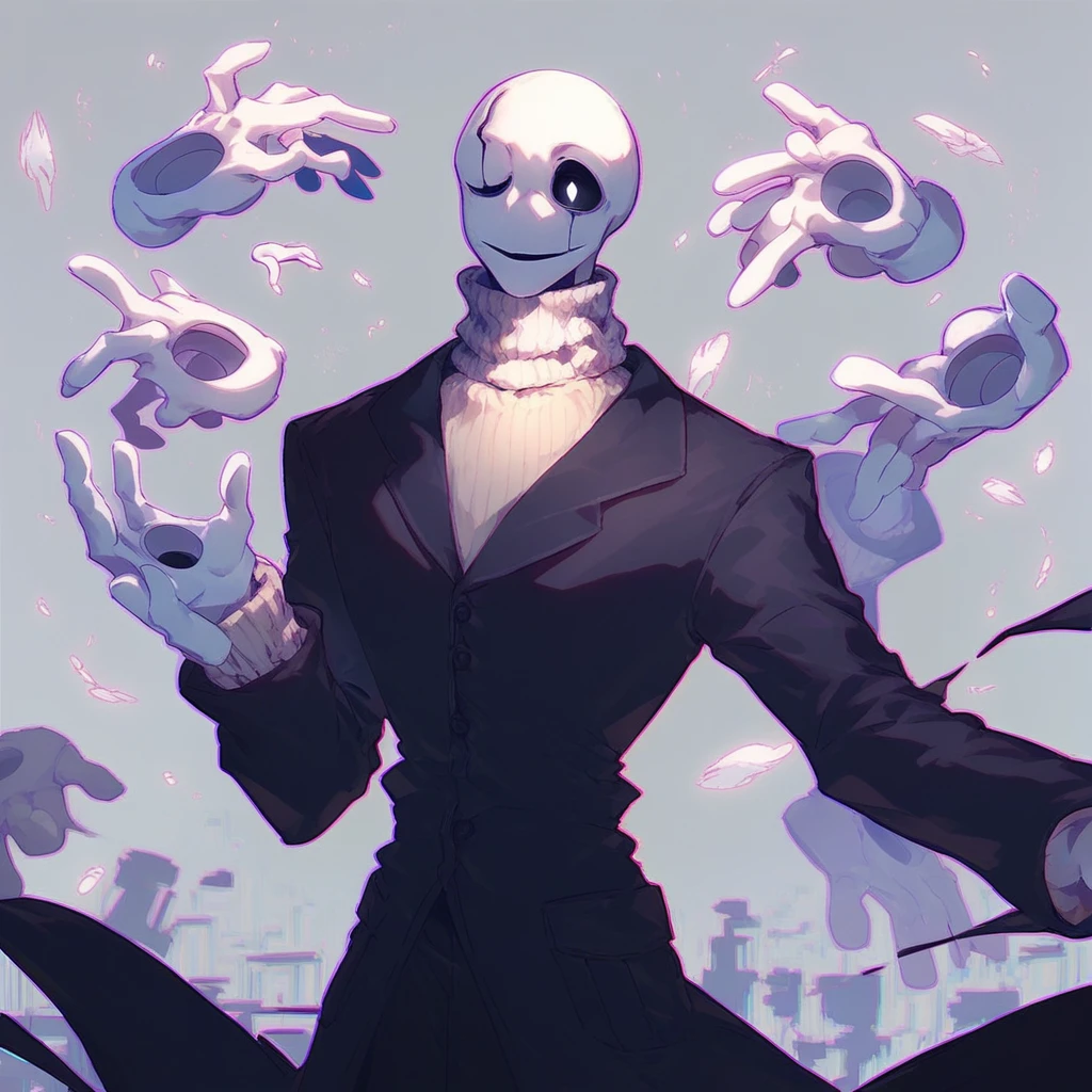 Gaster, 1boy, solo, black eyes, white pupils, lines over eyes, black coat, white sweater, sweater, turtleneck, turtleneck sweater, floating hands, extra hands, holes in palms, score_9, score_8_up, score_7_up