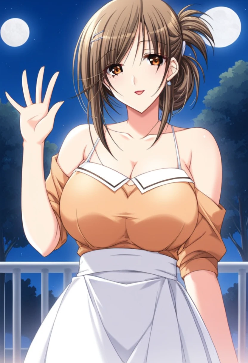 anime、animeスタイル,(High resolution, high quality:1.2), cinematic lighting, digital art,Kyōka, alone, mature woman, Are standing, (undressing:1.2), night sky, hot spring, vapor, water,looking at the viewer, Happy, (blush:1.1),brown hair, ponytail, side lock, ヘアribbon, ribbon, lipstick, compensate, detailed face, (mole under eye:0.8), brown eyes, jewelry, earrings,choker, green one piece,cleavage, winding, (huge breasts:1.3)