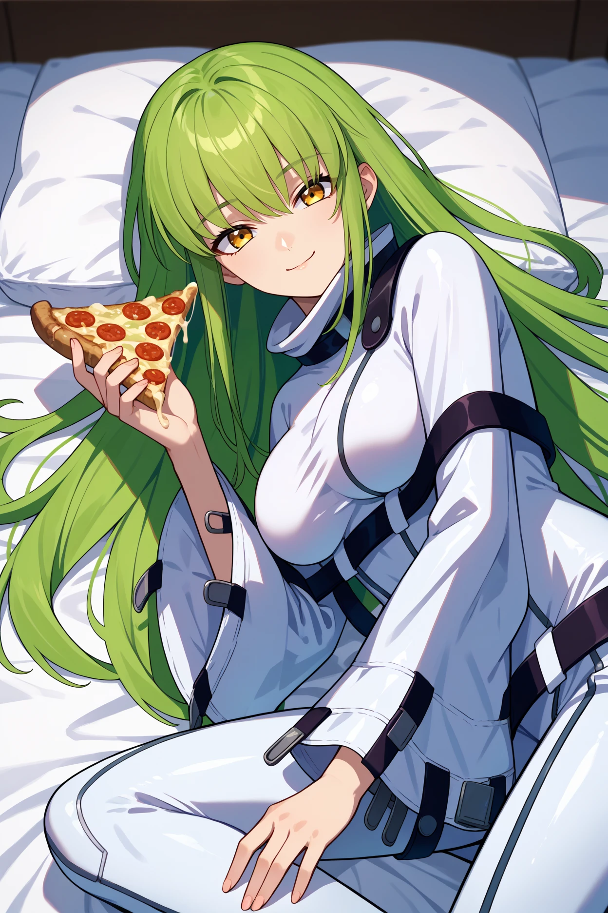 score_9, score_8_up, score_7_up, score_6_up, source_anime, 1girl, solo, <lora:cgcc-pdxl-nvwls-v1-000005:1> cgcc, green hair, very long hair, yellow eyes, white bodysuit, straitjacket, black straps, wide sleeves, big breasts, lying on side, looking at you, smile, closed mouth, bed, bedsheets, holding slice of pizza, hand up