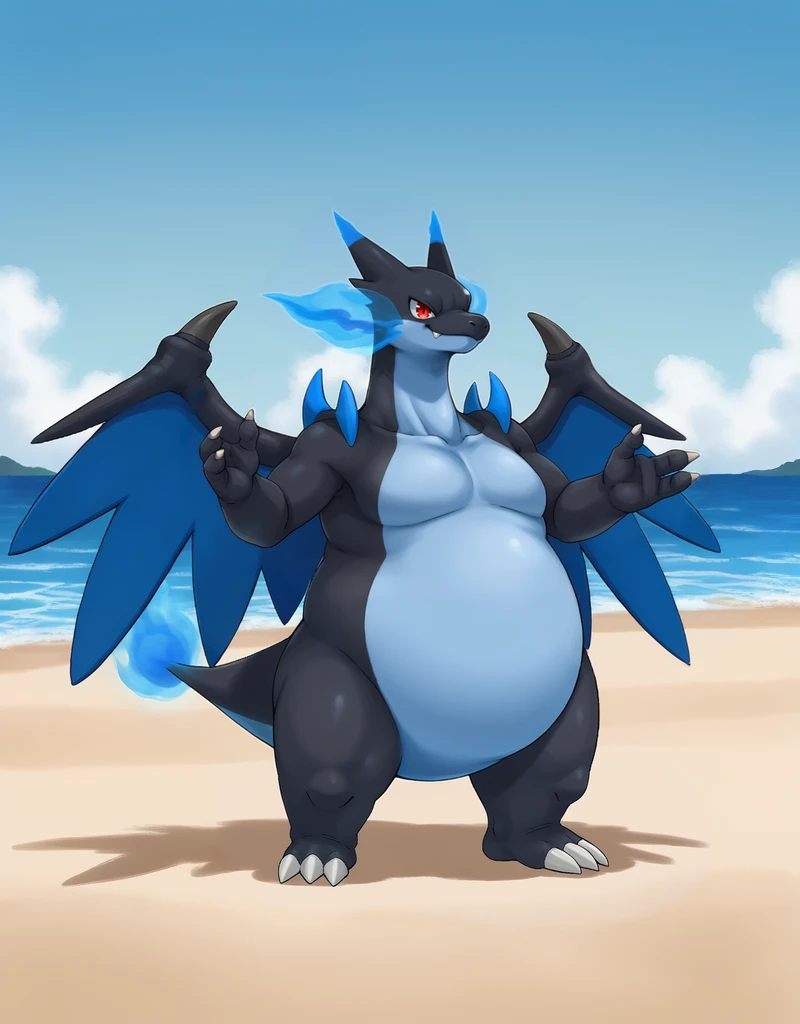 (((detailed eyes, detailed face))), (feral, normal megacharizardx <lora:character_charizard_pokken_megax_pindigoxl_v1:0.9>, black skin, light blue belly, blue wings, blue horns, (blue  shoulder horns, black wing horns), red eyes, flame-tipped tail, blue flame, white claws), male, (solo), (plump, fat, chubby, overweight), (nude) BREAK standing, smile, (front view), (konzaburou, ukan_muri), beach, (flat shading, flat color, high brightness), 8k, UHD, masterpiece, (full body)