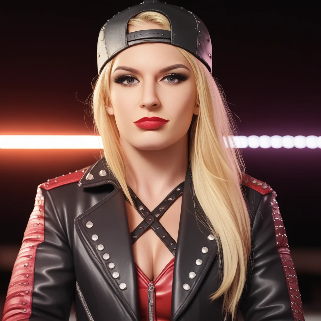 backlighting, depth of field, masterpiece, best quality,  score_9, score_8_up,  BREAK <lora:Pony_Toni_Storm:1>, t0nist0rm, 1girl, solo, blonde hair, hat, leather,  long hair, backwards hat, red wrestling outfit, wrestling outfit, jacket, leather jacket, red lips, upper body, looking at viewer