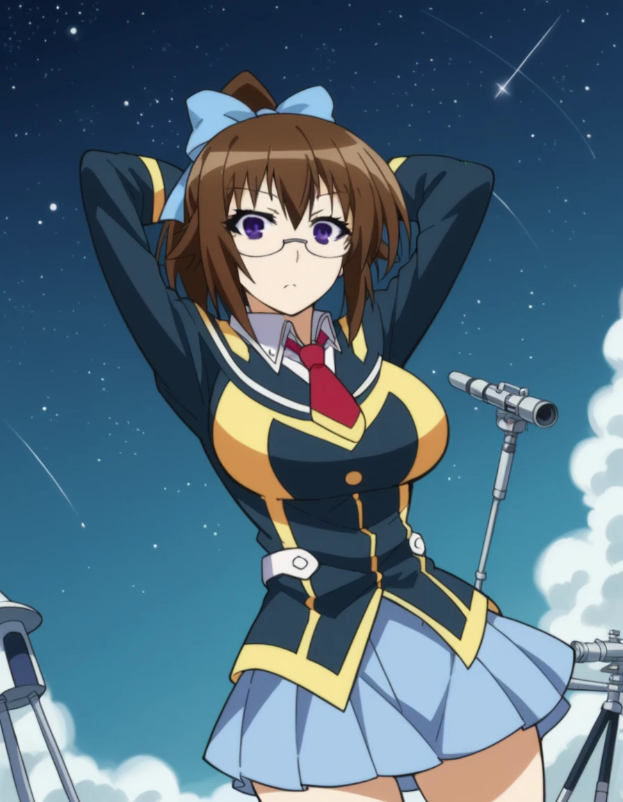 score_9, score_8_up, score_7_up, source_anime, <lora:mogana-kikaijima-s2-ponyxl-lora-nochekaiser:1>, mogana kikaijima, brown hair, purple eyes, ponytail, glasses, hair bow, blue hair bow, large breasts,, skirt, school uniform, necktie,, observatory, telescope, stars, space, roof, , hands behind head,, looking at viewer, solo,, dutch angle, cowboy shot