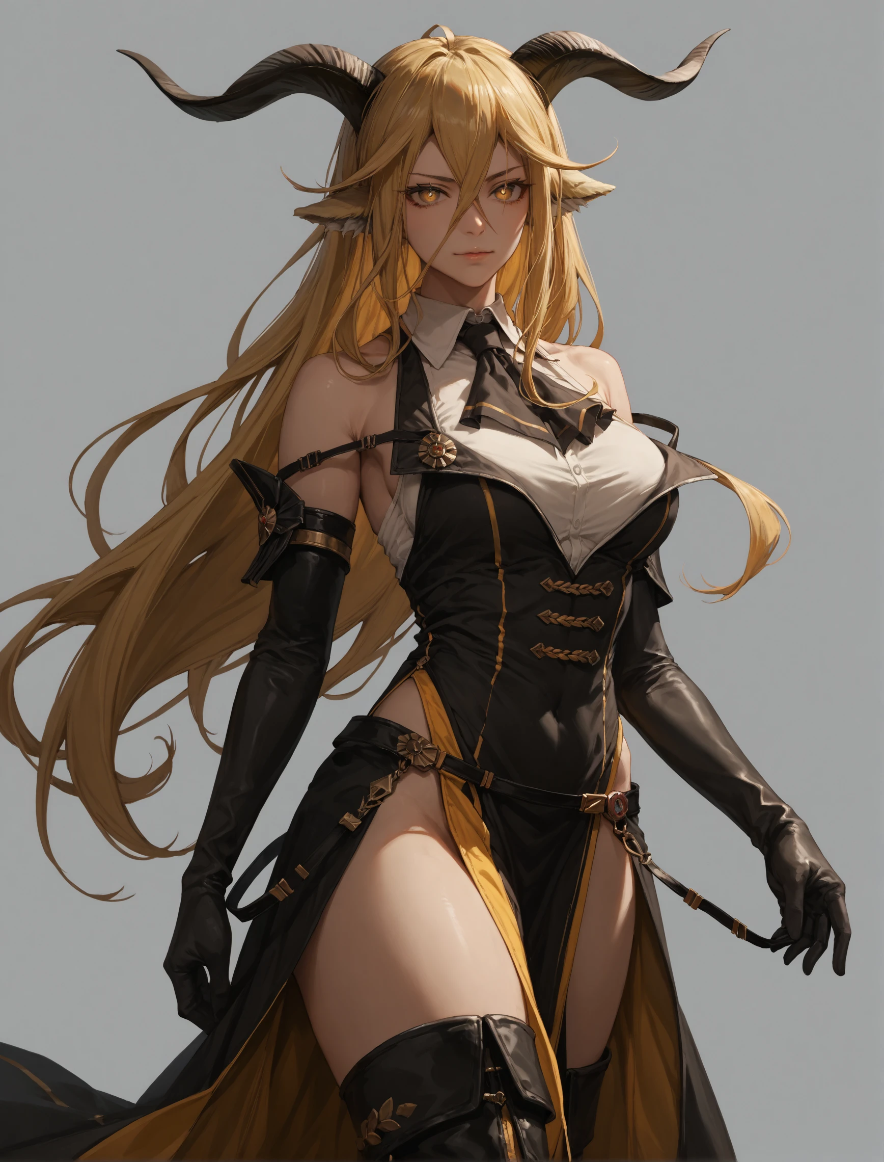 score_9, score_8, score_7_up masterpiece, amazing quality, hyper detailed, high resolution, highres, embedding:zPDXL3, looking at viewer,

1girl, solo, degenbrecher, horns, goat ears, animal ears, yellow eyes, blonde hair, long hair, hair between eyes, 

d...