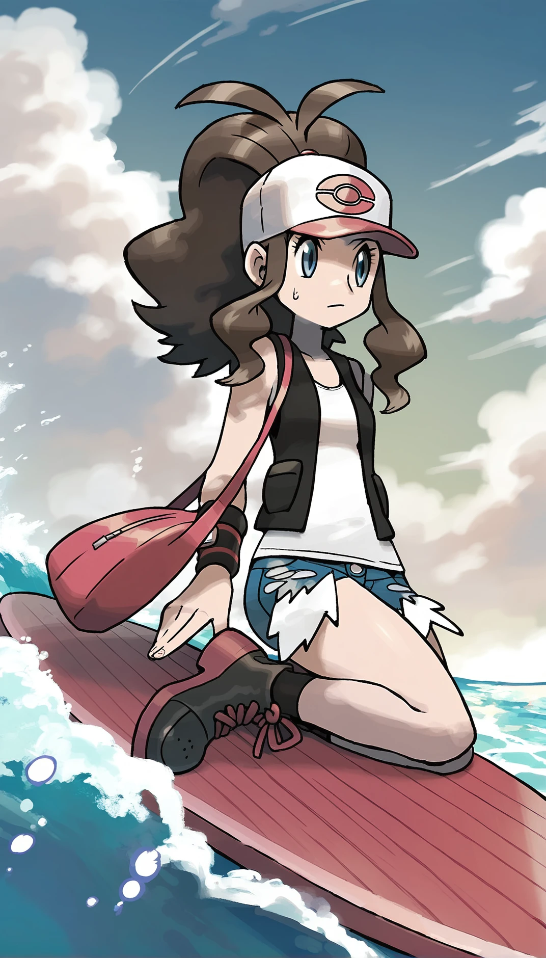 score_9,score_8_up,score_7_up,
<lora:hilda:1>,
bwhilda,
1girl,solo,brown hair,high ponytail,blue eyes,looking ahead,serious face,sweatdrop on face,red and white cap,black vest,white tank top under the vest,blue denim shorts,black wristbands,red bag,black boots,full body,facing aside,surfing on a vibrant blue ocean wave,kneeling on a purple surfboard with her hands gripping the edges,urrounded by splashes of white water,outdoors,blue sky,clouds,ocean,sparkling reflections,