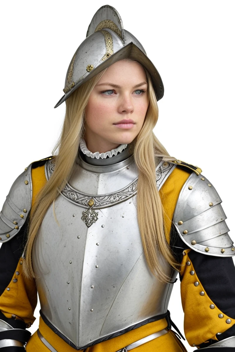 hires digital photo, photorealism, photo, simple white background, upper body, <lora:Milanese_Armor:1> female wearing conquistadorarmor, long blonde hair, yellow and black uniform, intricate details, high resolution,, SDXL_Overall_Detail