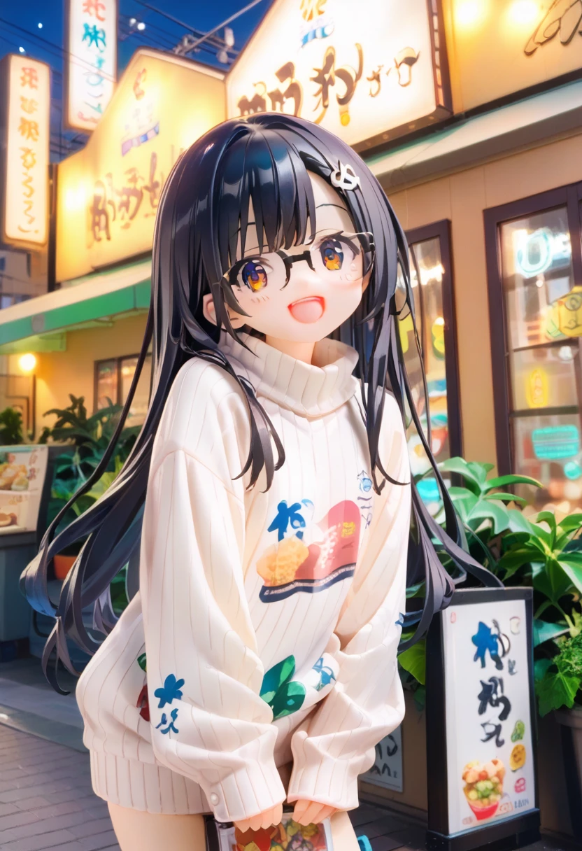 score_9, score_8_up, score_7_up, rating_safe, masterpiece, best quality, absurdres, unity 8k wallpaper, official art, official style, source_anime, uncensored, game cg, megami magazine,
1girl, solo, glasses, black hair, long hair, white ribbed sweater, happy, smile, looking at viewer, open mouth, solo focus, 
dai1asahi, storefront, outdoors, building, night, sign, real world location, city, tree, lamppost, road, plant, street, night sky, power lines, cityscape, neon lights, 
 <lora:daiichiasahi_sannomiya_pony_V1:1>