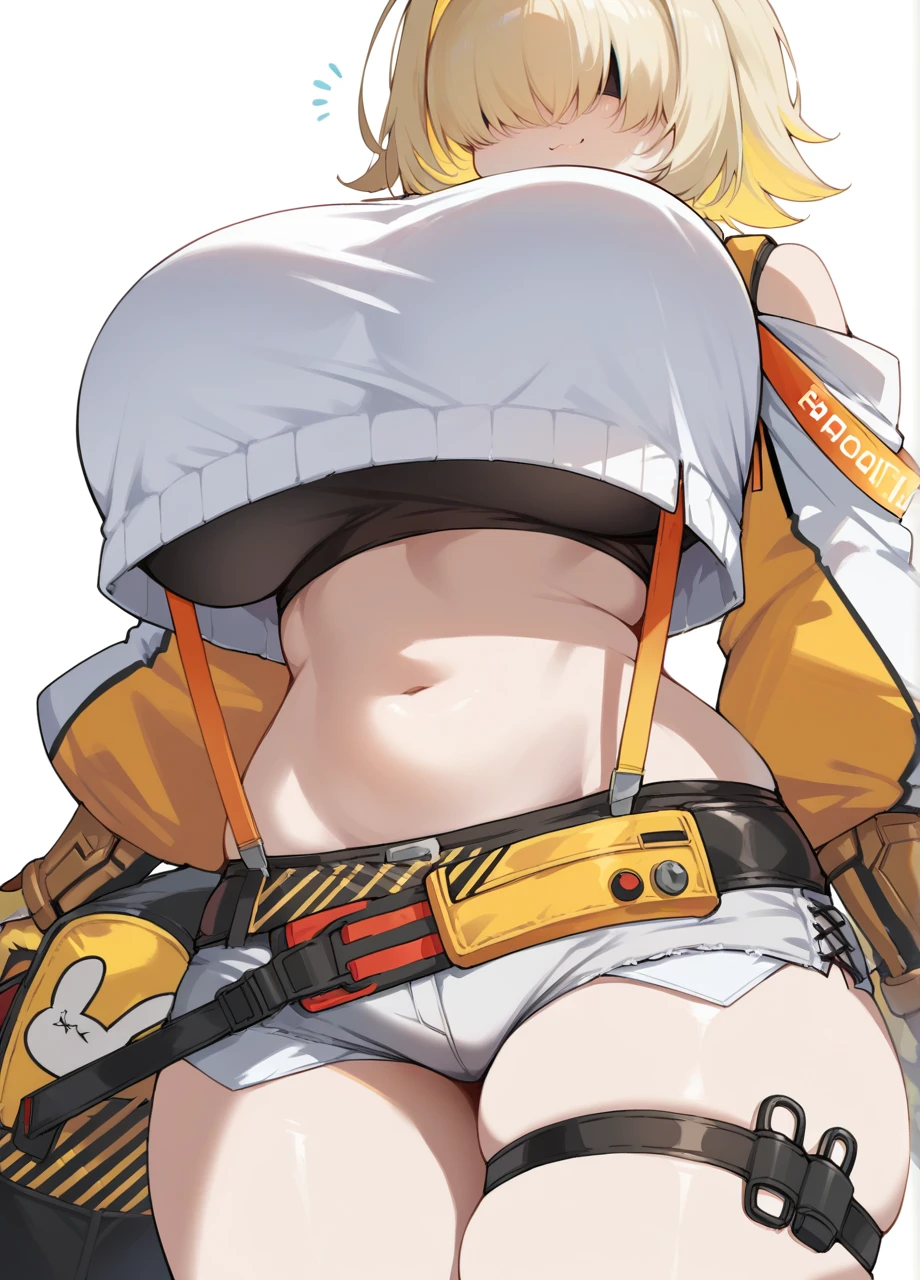 nikkeelegg, 1girl, blonde hair, short hair, solo, gloves, navel, curvy, microshorts, huge breasts, belt, single thigh strap, smug, crop top, hair over eyes, shoulder cutout, suspenders, cowboy shot, white background <lora:NIKKE_Elegg-PONY:0.8>, score_9, score_8_up, score_7_up, score_6_up,