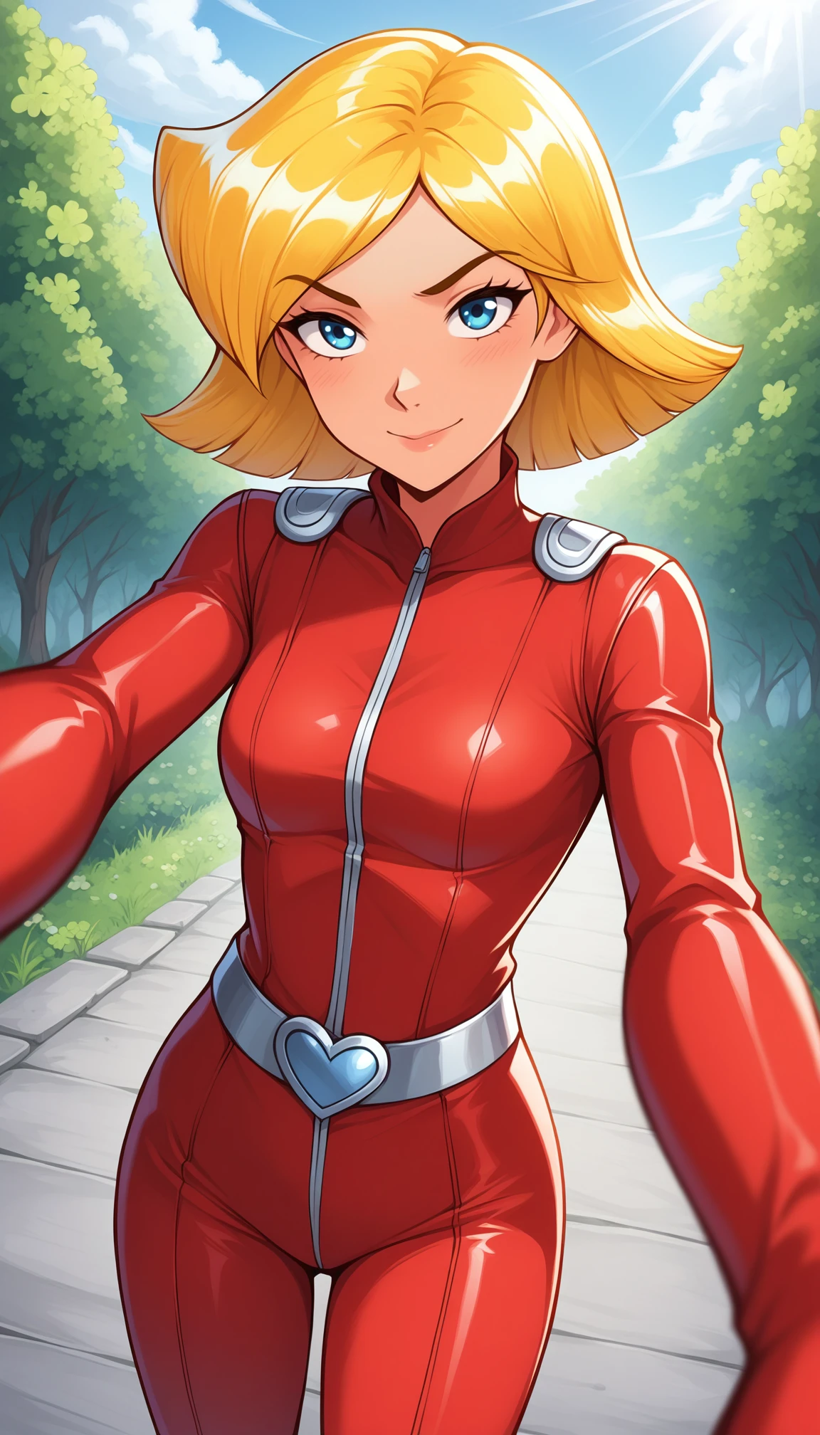 masterpiece, best quality, good quality, 1girl, clover \(totally spies\), short hair, blonde hair, blue eyes, red bodysuit, belt, looking at viewer, pov, outdoors <lora:hskc-cloverts-illust-v0.5:1>