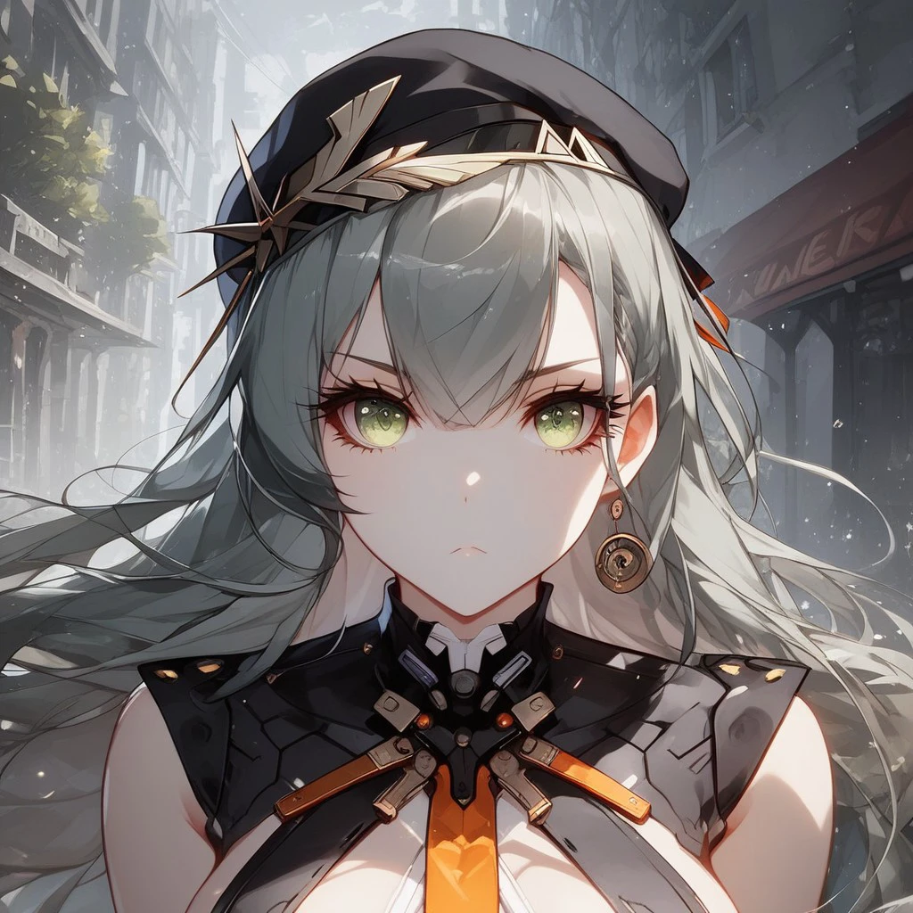 (score_9, score_8_up, score_7_up, highly detailed, semi realistic), 
1girl, solo, thothAG, grey hair, light green eyes, eyesHD, long hair, bangs, skindentation, large breasts, looking at viewer, closed mouth, pout, black dress, necktie, beret,
((portrait, cowboy shot, face focus, top down view)),
outdoors, streets, bokeh,
volumetric lighting, warm hard light, read description, Expressiveh,