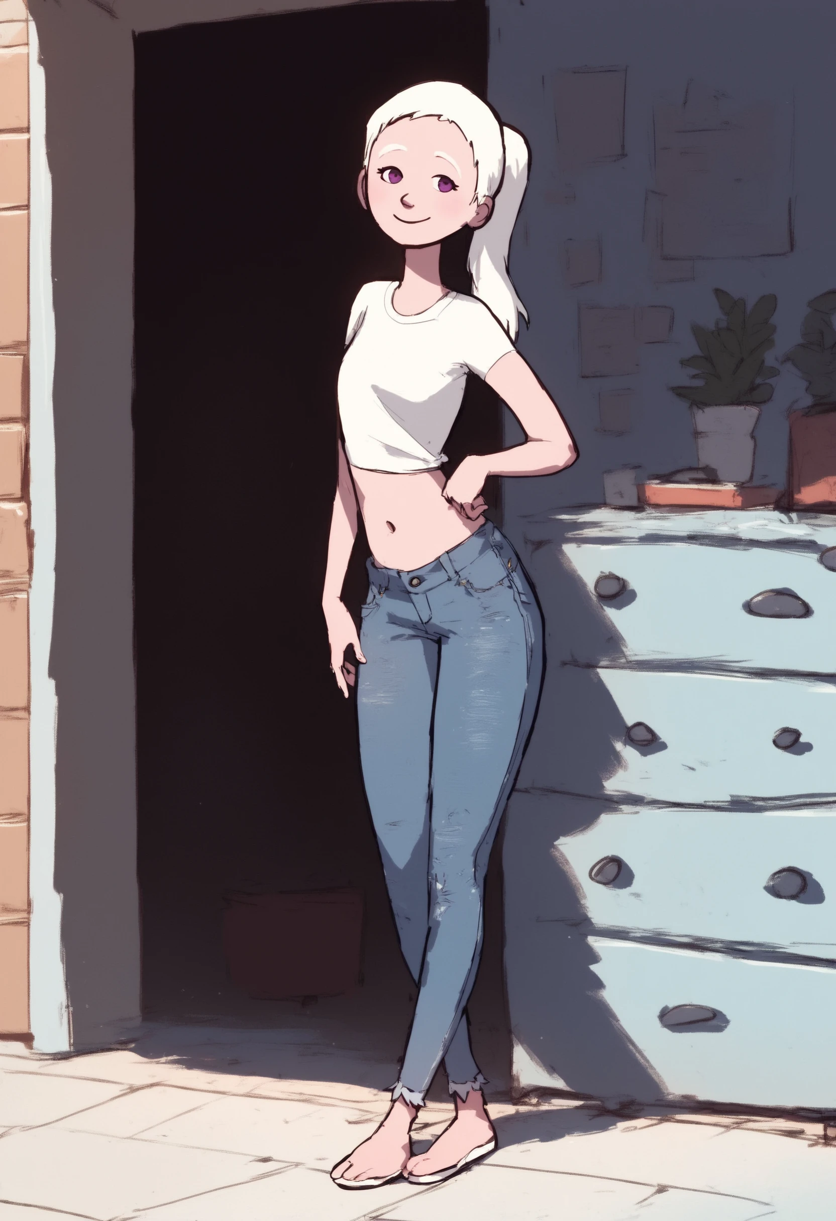 score_9, score_8_up, score_7_up, score_6_up, score_5_up,  1girl, solo, full body,
<lora:Lulu (Storybooth):0.9> Lulu_Storybooth, albino, ponytail, purple eyes, smile, denim shorts, cutoff jeans, standing, navel, midriff,
indoors,
<lora:Expressive_H:0.7> Expressiveh,
<lora:add-detail-xl:0.9>