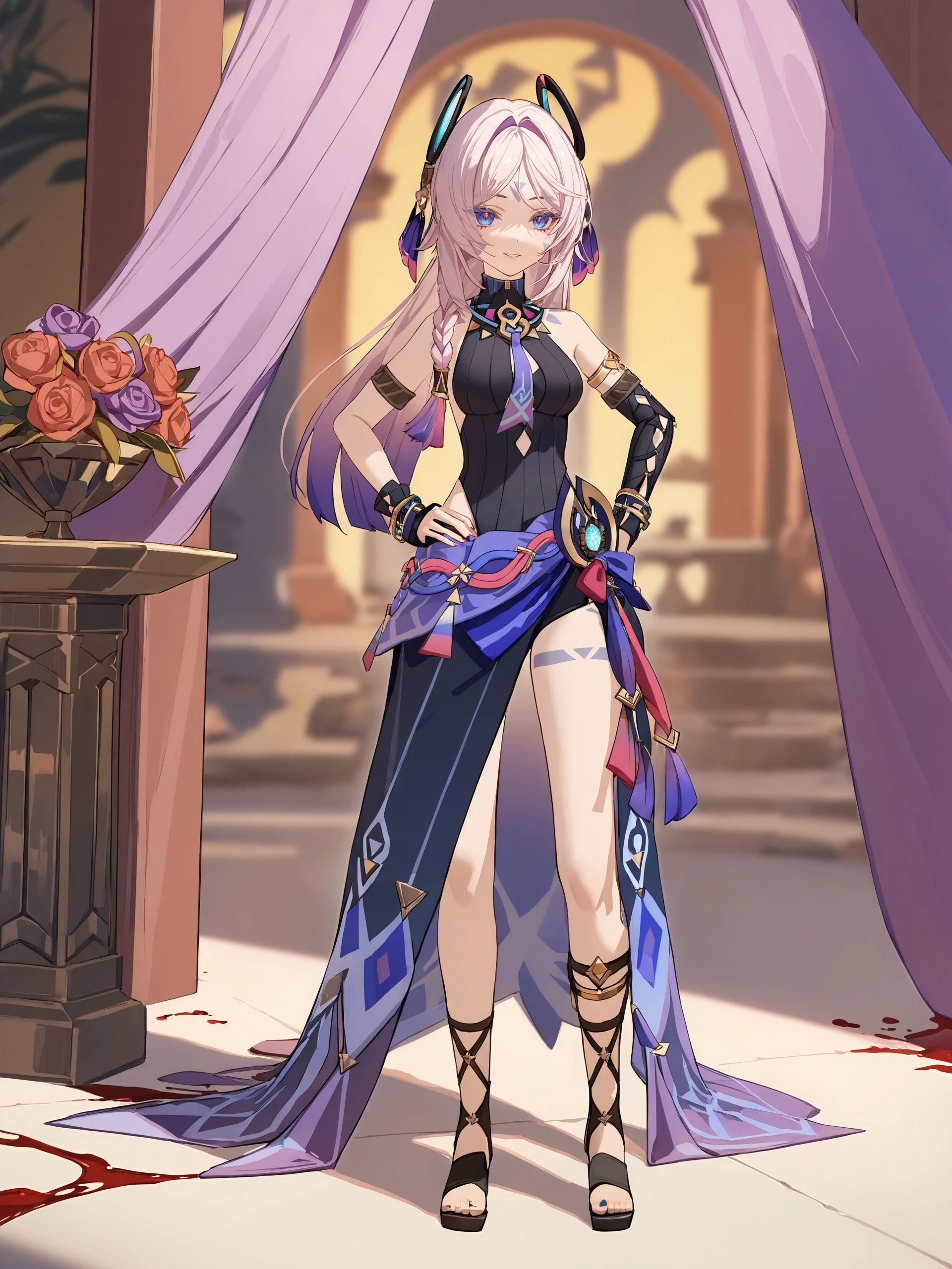1girl, citlali \(genshin impact\), fingerless gloves, armlet, sarong, facial mark, bracelet, ring hair ornament, turtleneck leotard, leg tatoo, single gauntle, gladiator sandals, full body, seductive smile, legs apart, hands on hips, blood splatter, depth of field <lora:Char-Genshin-Citlali-V1-XL:0.9>, masterpiece, best quality, very aesthetic, ray tracing, newest,(hitenkei, askzy:0.5), [<lora:detailed_notrigger:0.95>::0.5]