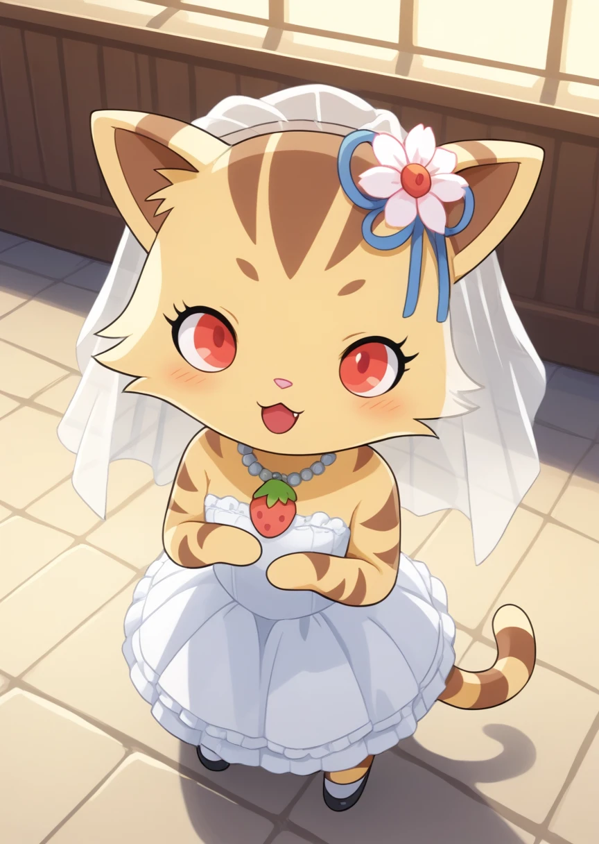 score_9, score_8_up, score_7_up, score_6_up, score_5_up, BREAK
s4ngo, anthro, female, jewelpet, cat, solo, open mouth, hair ornament, red eyes, jewelry, flower, food, hair flower, necklace, no humans, :3, fruit, strawberry, standing, church, wedding dress, wedding veil,