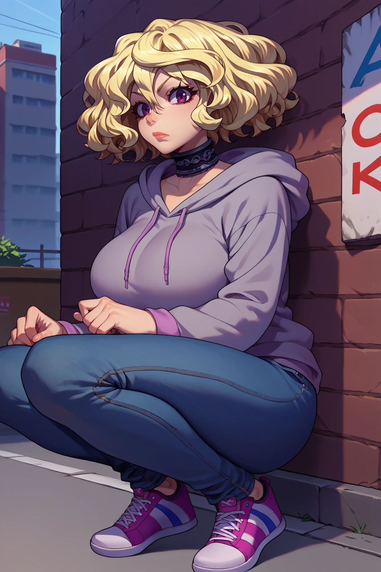 score_9, score_8_up, score_7_up, score_6_up, source_anime, 1girl, solo, <lora:mitsuki-pdxl-nvwls-v1-000005:1> mski, blonde hair, short hair, wavy hair, purple eyes, black choker, grey hoodie, jeans, torn jeans, sneakers, squatting, big breasts, city, wall, looking at you