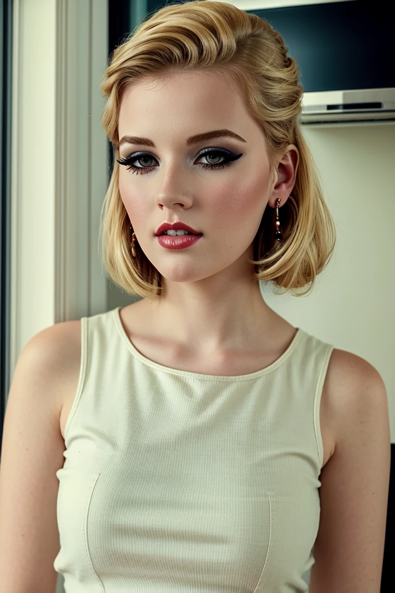 <lora:haleysorenson-06:0.6>, haleysorenson, ((fully clothed, modest, conservative)), , ((blonde hair)), , 1girl, solo, hoop earrings, bracelets, beautiful photograph, dreamy, surreal, trending, art deco, , a photo of a woman, ((detailed eyes, detailed face, award winning, high resolution, masterpiece, best quality, extremely detailed)), (dark lipstick, heavy eye shadow, heavy eyeliner, pale skin), fifties hairdo, 50s hairstyle, hair up, classic 50s dress, ((modest, conservative)), in a kitchen, home, cooking, making dinner, counter, window, food