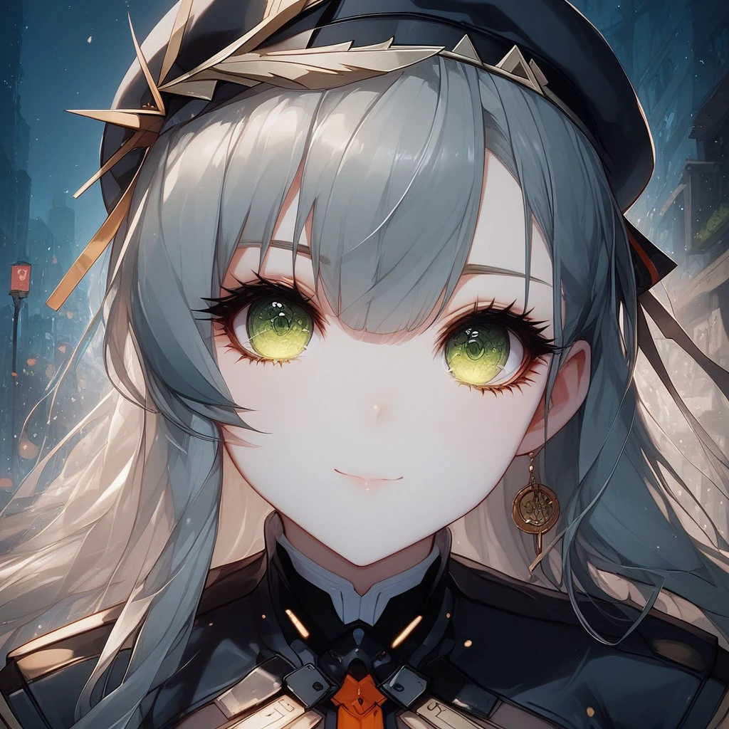 (score_9, score_8_up, score_7_up, highly detailed, semi realistic), 
1girl, solo, thothAG, grey hair, light green eyes, eyesHD, long hair, bangs, skindentation, large breasts, looking at viewer, closed mouth, smile, black dress, necktie, beret,
((portrait, cowboy shot, face focus, top down view)),
outdoors, streets, bokeh,
volumetric lighting, warm hard light, read description, Expressiveh,