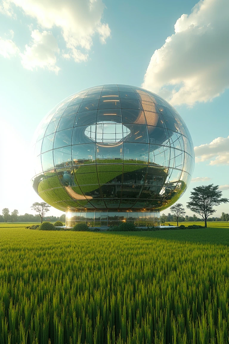 buildingbylaushine,sphereglassbuilding,sci-fi of a Farm Building on rice field