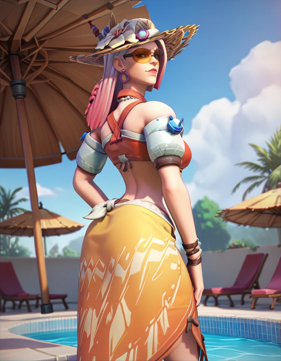 score_9, score_8_up, score_7_up, 1girl, 2.5d,  ashepool, ashe (overwatch)  <lora:Ashe pool-000035:1>medium shot, poolside, sarong, looking at viewer,