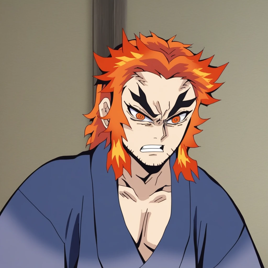 possessing unruly orange hair that flares out around his face, becoming redder near the ends above his ears, that he wears messily tied back behind his head. He has fair skin, bushy black eyebrows and bright, orange eyes that redden near the pupils, that are slanted inwards and shaped so as to give him a furious appearance, Shinjuro wears a traditional kimono robe.