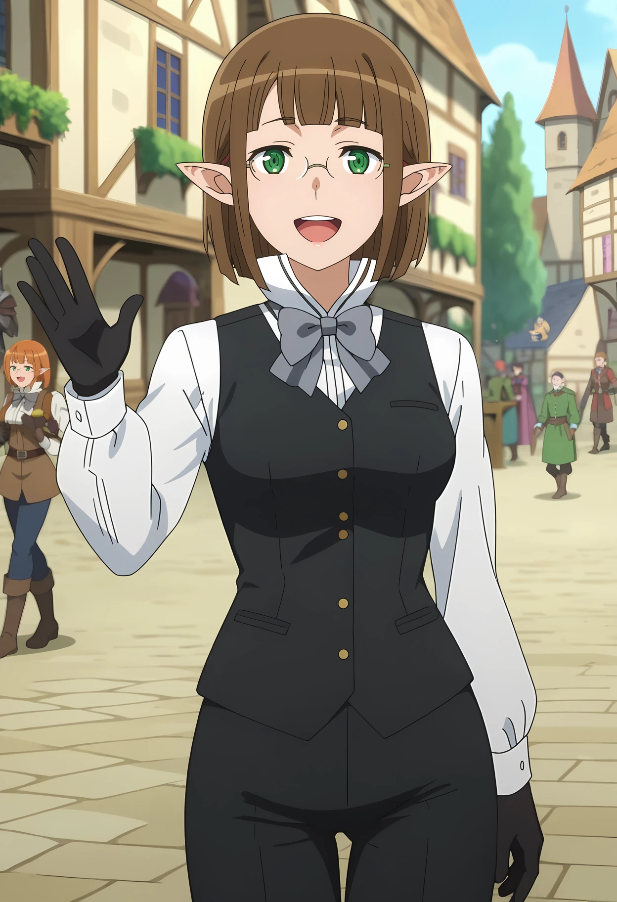 score_7_up, anime screencap,
<lora:DanMachi_EinaTulleXL:0.9>,
1girl, open mouth, happy, upper teeth only,
short hair, brown hair, blunt bangs, green eyes, pointy ears, rimless eyewear,
EinaUniform, white shirt, high collar, grey bowtie, black vest, long sleeves, black gloves, black pants,
standing, looking at viewer,
town, medieval, blurry background