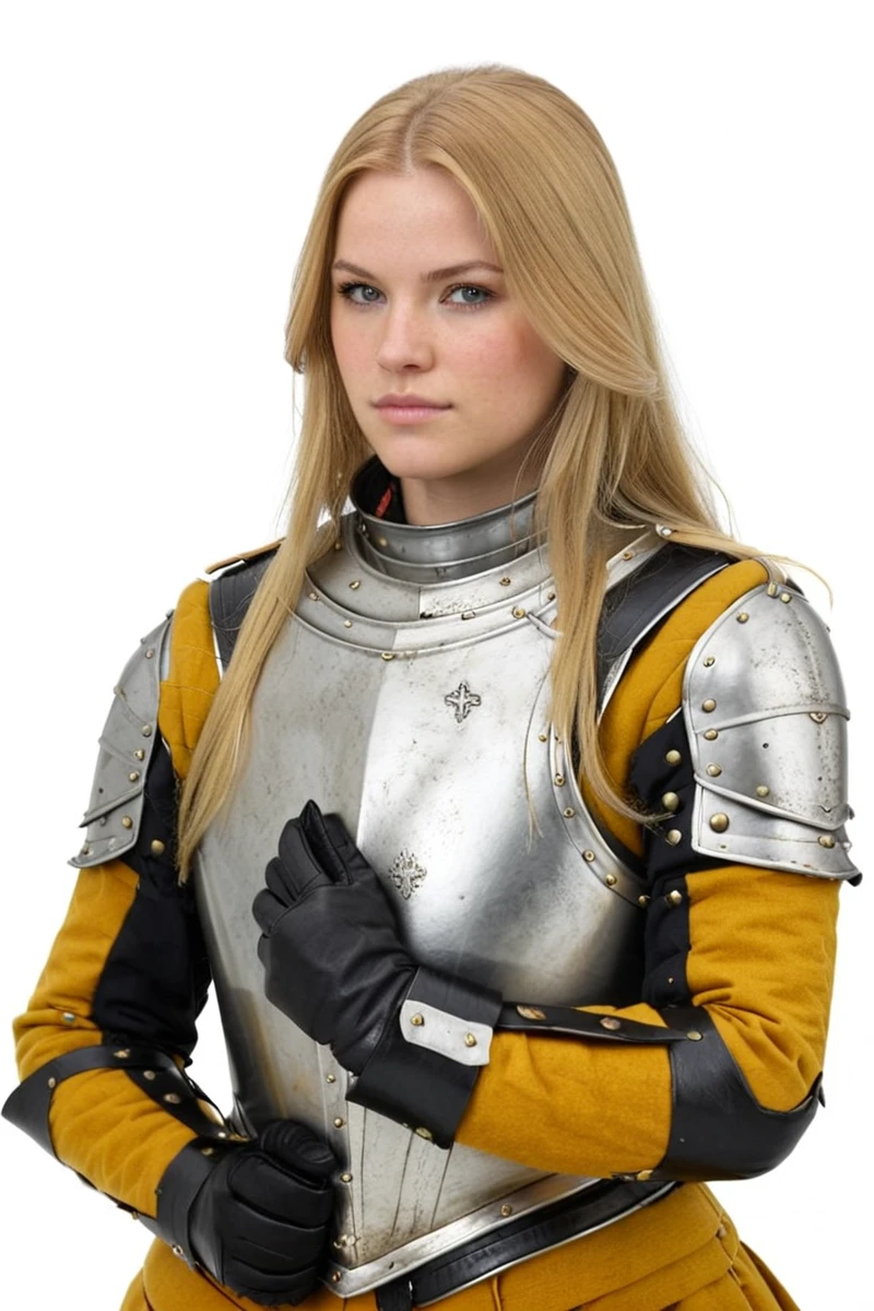 hires digital photo, photorealism, photo, simple white background, upper body, <lora:Milanese_Armor:1> female with long blonde hair, wearing conquistadorarmor, yellow and black uniform, gauntlets, no helmet, intricate details, high resolution,, SDXL_Overall_Detail