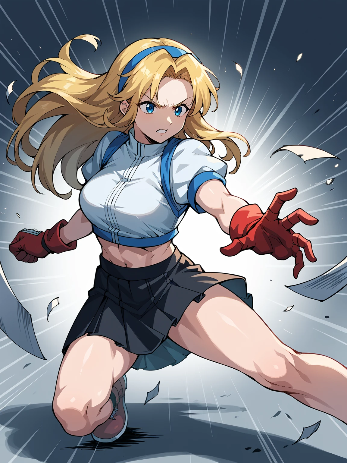 source_anime, score_8_up, unifiedmaria <lora:Unified Maria (PDXL):0.75> 
(tifa outfit:0.7), gloves, white top, black skirt, aggressive pose, fighting stance