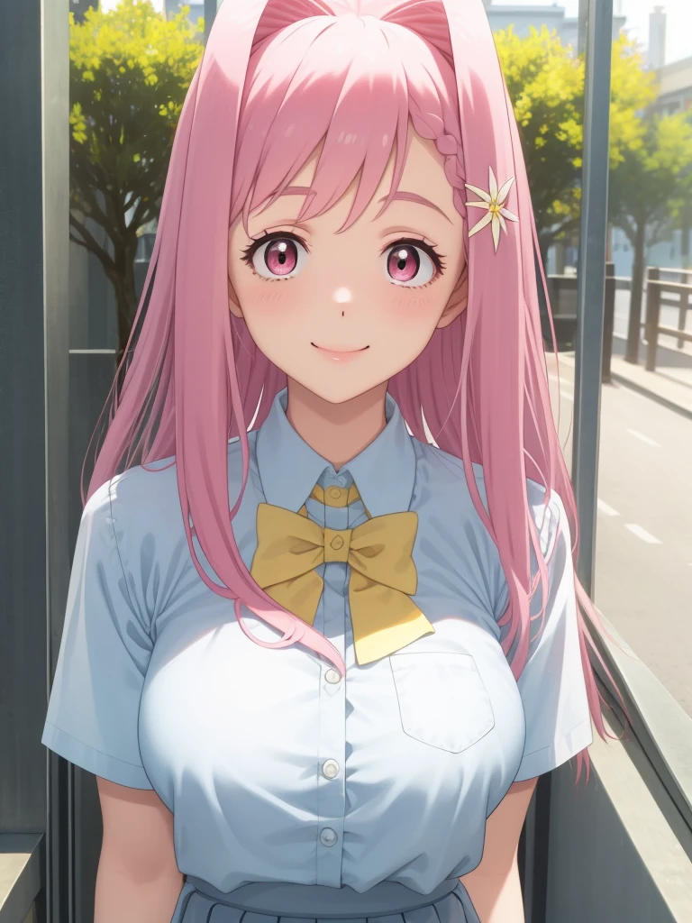 ((masterpiece)),(best quality),official art,extremely delicate and beautiful,extremely detailed CG,unity 8k wallpaper,ultra detailed,beautiful detailed eyes,extremely detailed face,outdoors,1girl,solo,upper body,(portrait:1.5),looking at viewer,facing viewer,smile,blush,Himemiya Karen,long hair,pink hair,braid,hair ornament,hairclip,hair flower,bangs,pink eyes,school uniform,multiple bowite,red bowtie,yellow bowtie,white shirt,collared shirt,short sleeves,large breasts,shirt tucked in,grey skirt,pleated skirt,white socks,uwabaki,white footwear,<lora:Himemiya Karen(tmlh):1.5>,