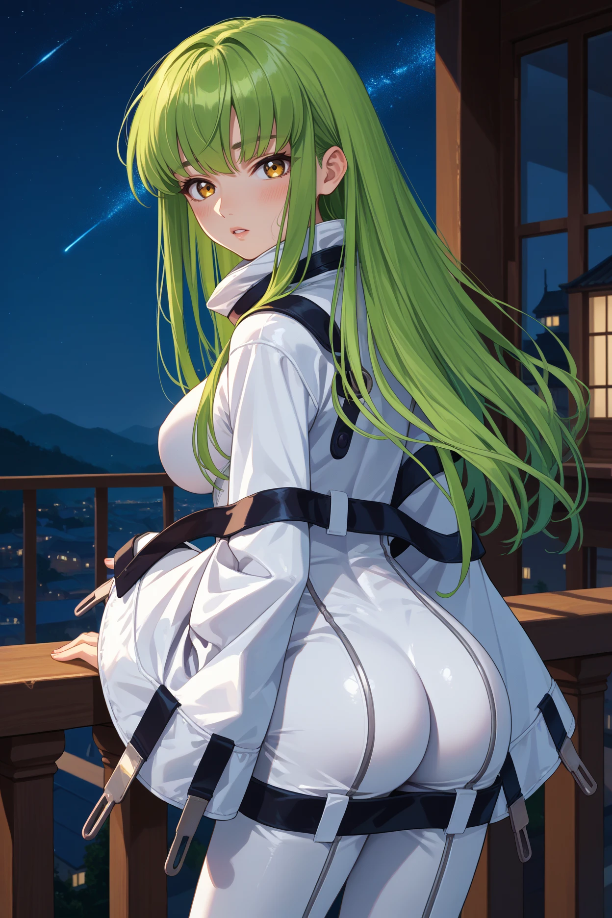 score_9, score_8_up, score_7_up, score_6_up, source_anime, 1girl, solo, <lora:cgcc-pdxl-nvwls-v1-000005:1> cgcc, green hair, very long hair, yellow eyes, white bodysuit, straitjacket, black straps, wide sleeves, big breasts, looking at you, from behind, ass, looking at you, blush, parted lips, night sky, railing, balcony