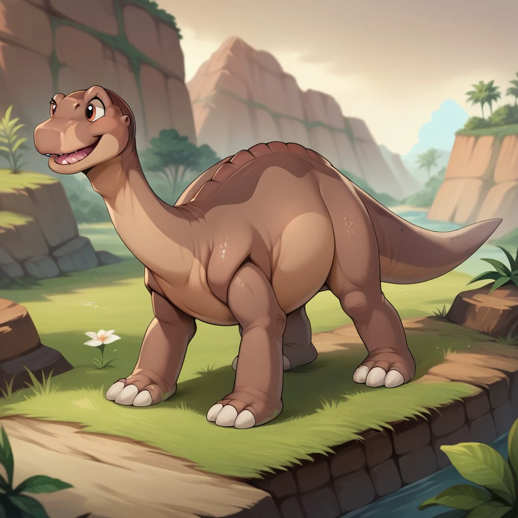 score_9, score_8_up, score_7_up, score_6_up, score_5_up, score_4_up, source_furry, littlefootlbtv2, feral, male, Apatosaurus, scalie, dinosaur, sauropod, brown skin, red-brown eyes, outside, happy, <lora:d52f8b35-28c4-4ade-b09c-1f0eba5562f2:0.7>