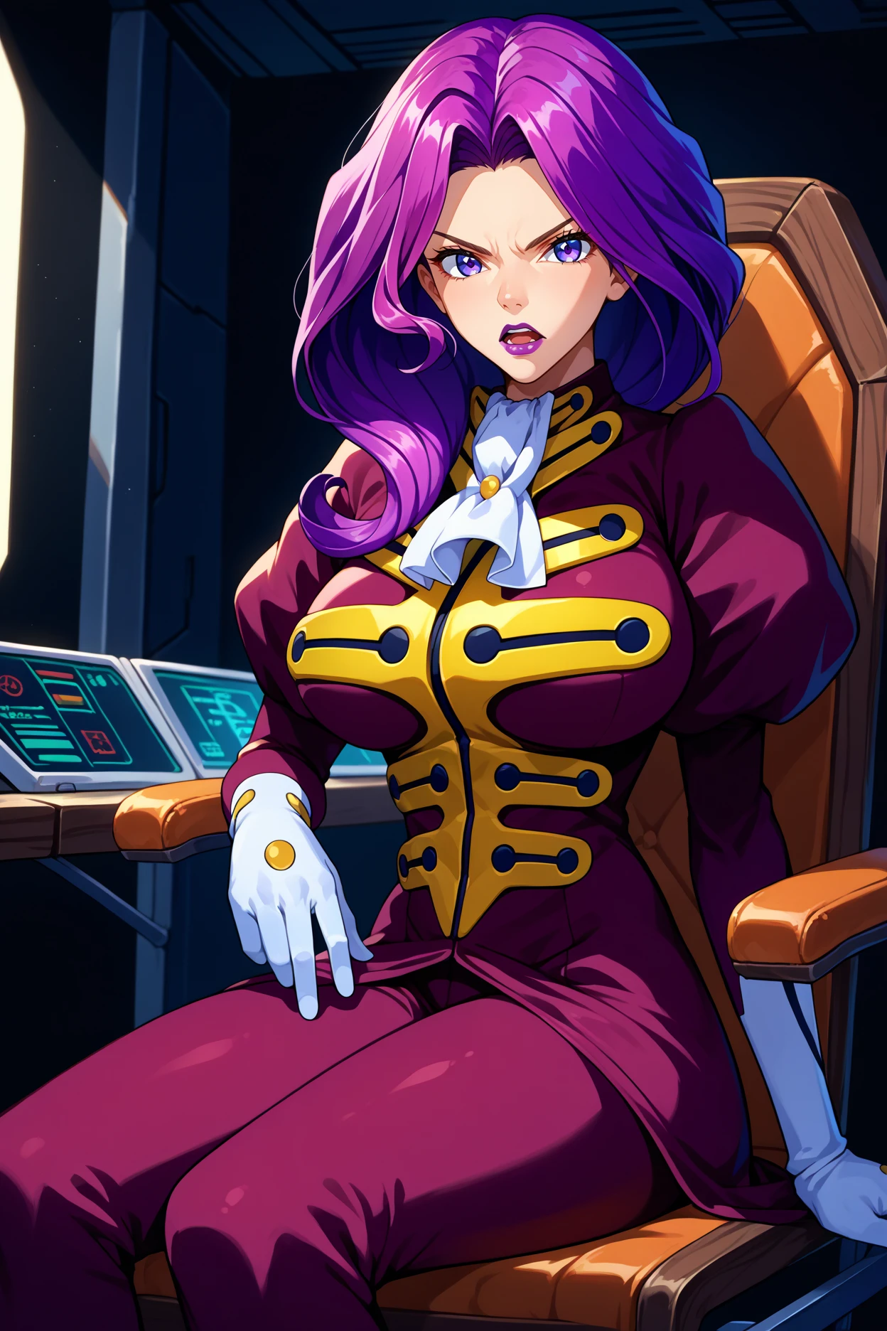 score_9, score_8_up, score_7_up, score_6_up, source_anime, 1girl, solo, <lora:cgcornelia-pdxl-nvwls-v1-000005:1> cgcor, purple hair, long hair, wavy hair, purple eyes, purple lipstick, white ascot, magenta uniform, military uniform, puffy sleeves, long sleeves, white gloves, magenta pants, huge breasts, sitting, chair, indoors, science fiction, pilot seat, circuitry, looking at you, serious, open mouth, black background