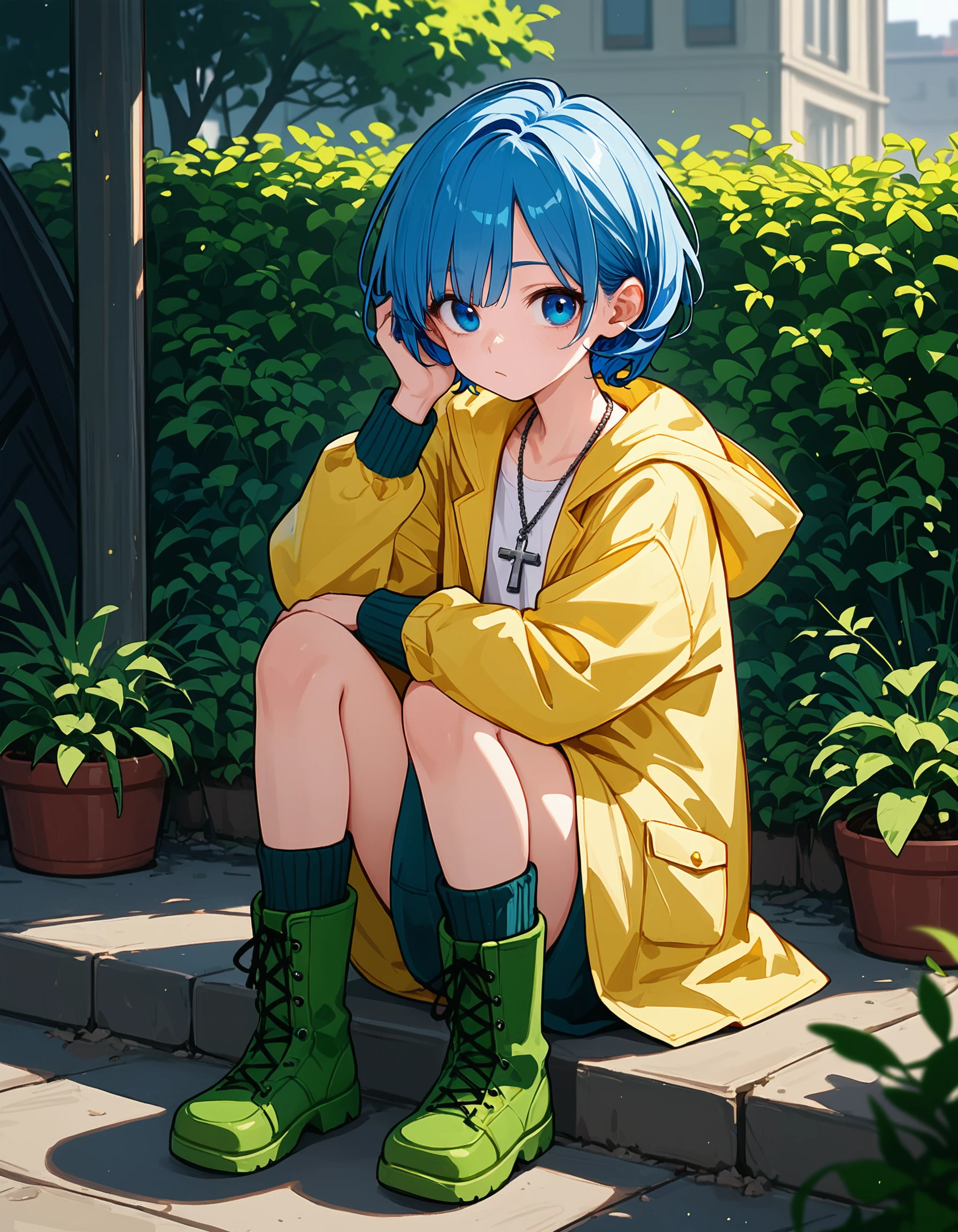 <lora:Luce_Pony-10:0.8> luc3, 1girl, blue hair, short hair, blue eyes, cross necklace, yellow raincoat, green boots,, score_9, score_8_up, score_7_up,