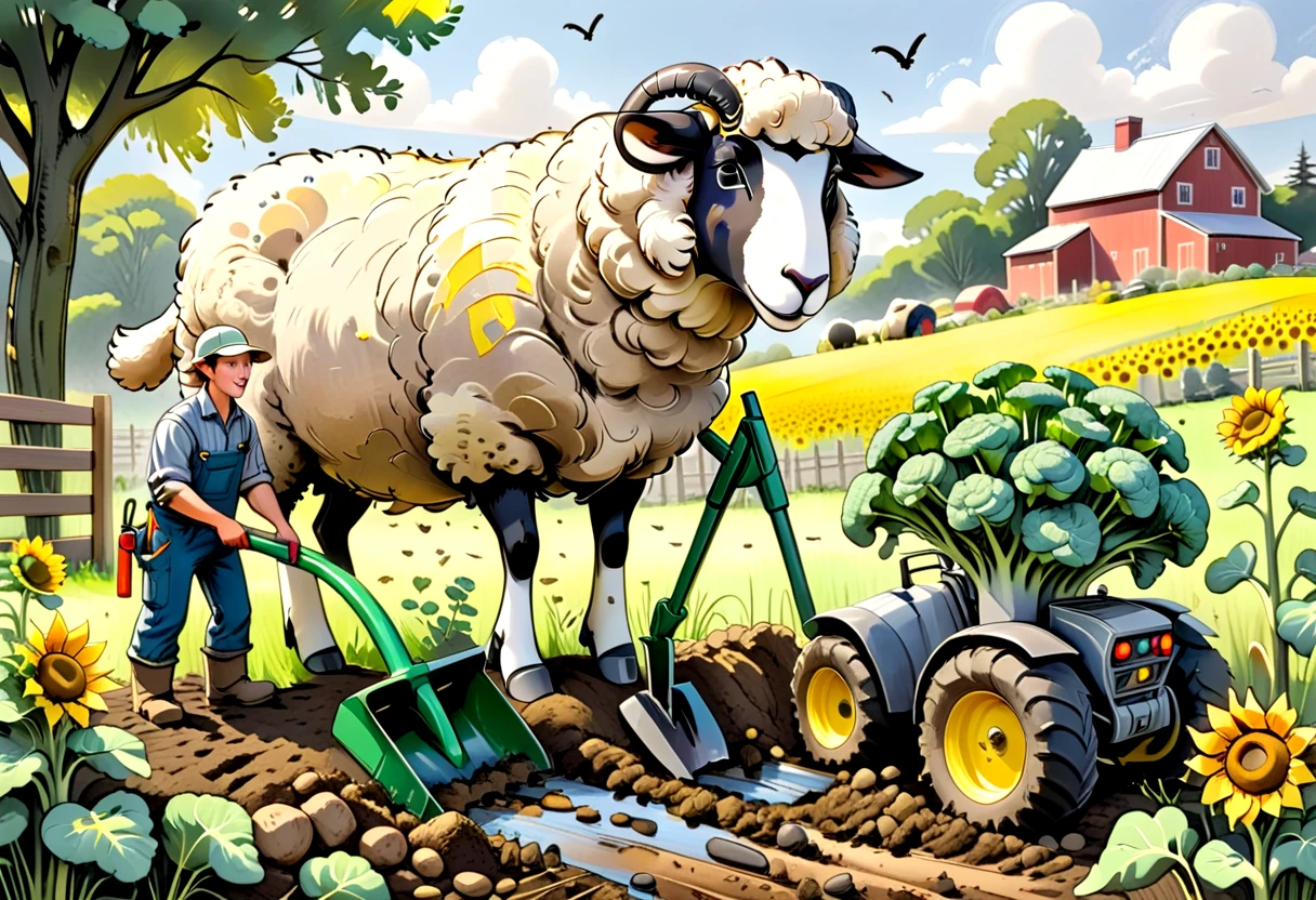 Agricultural Engineer at the (Vegetable Garden), working near a (Compost Pile) and interacting with (Mule) using Post Hole Digger, to produce Sunflower Seeds while growing (Broccoli) in a (a clearing surrounded by tall, waving grass). This scene focuses on (a sheep with oversized hooves), evoking a sense of curiosity and embracing the theme of the humor of being different. The setting is rendered with a soft grays contrasted by electric yellow color palette, accented by lightly textured brush marks, faint color blocks emerging and special stylistic elements like expressive, messy brushwork, sharp angles breaking symmetry, grainy, textured shading. The artwork is created in loose gestural art style with mediums such as oil pastels on rough canvas, brush marker with water blending, colored pencil with oil pastels.  <lora:artfully_FARMSTORY:1>