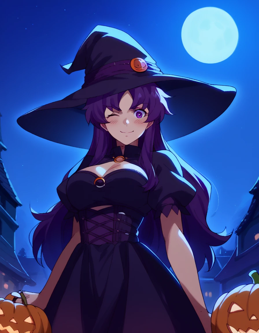 score_9, score_8_up, score_7_up, source_anime, <lora:minene-uryuu-s1-ponyxl-lora-nochekaiser:1>, minene uryuu, long hair, purple eyes, purple hair, large breasts,, <lora:witch-ponyxl-lora-nochekaiser:1>, witch, hat, witch hat, dress, halloween, halloween costume, jewelry,, night, moon, blush, smile, one eye closed,, , dutch angle, cowboy shot