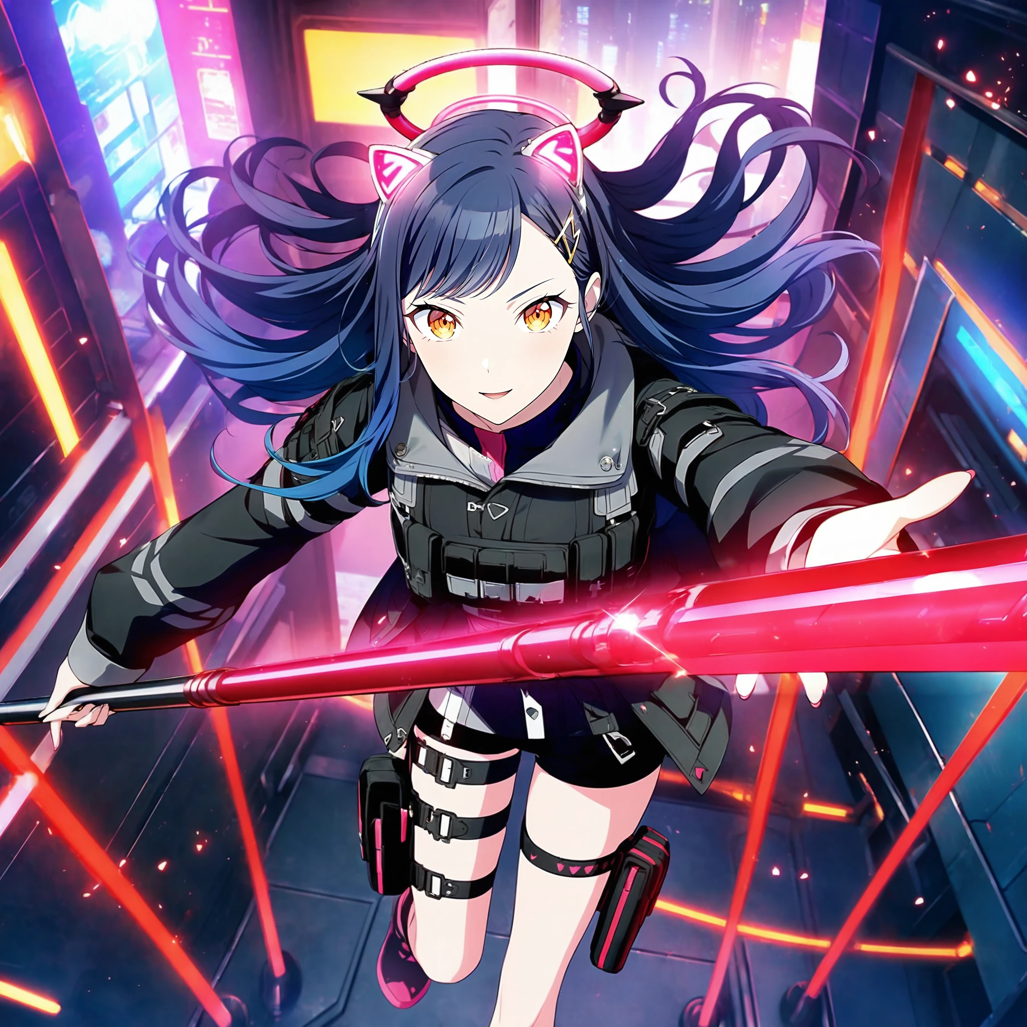 1girl, shiraishi an, project sekai, masterpiece, very aesthetic, absurdres, official art,
angel glint, black and royal blue gradient hair, long hair, orange eyes, swept bangs,
(zero gravity, floating in the air:1.2), looking at viewer, serious, (holding pole weapon:1.4), face focus, reaching toward viewer, BREAK
mechanical halo, (mechanical ears, fake cat ears:1.2), long sleeves, black jacket, thigh strap, tactical clothes, pouch, thigh holster, headgear, black coat, thigh pouch, sleeves past wrists, zipper, multicolored clothes, black short shorts,
cyberpunk city, light rays, luminescence, dark atmosphere, neon sign, skyscraper, City of night,
<lora:sdxl-ws-CyberEmu02:0.9:lbw=0,0,0.2,0.2,0,0.4,0.4,0,0.8,0.8,0,0,0,0.8,0.8,0.6,0.8,0.0,0.0,0.0,0,0,0,0,0,0> , <lora:sdxl-vbs-VividsAn07:0.1>