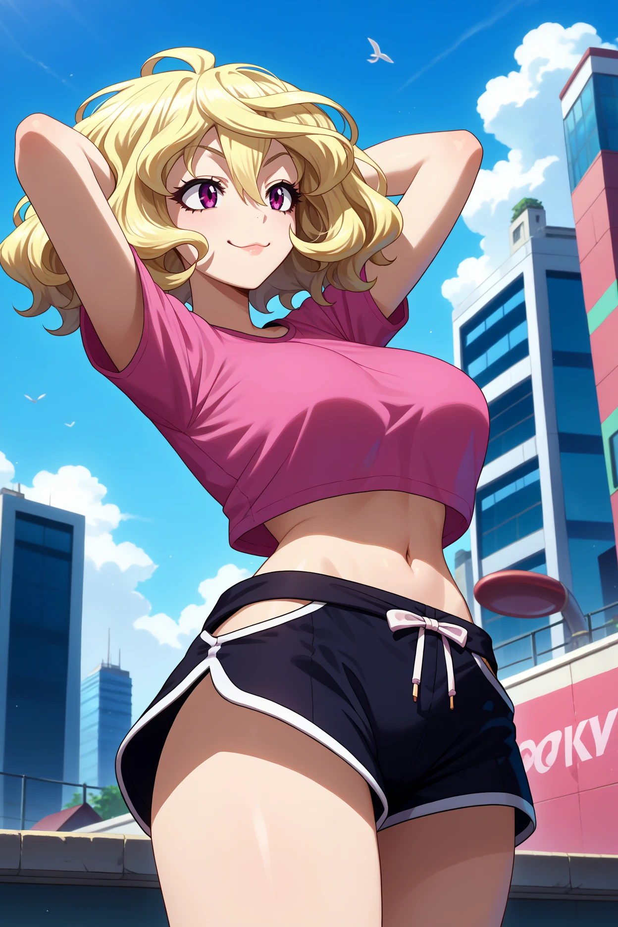 score_9, score_8_up, score_7_up, score_6_up, source_anime, 1girl, solo, <lora:mitsuki-pdxl-nvwls-v1-000005:1> mski, blonde hair, short hair, wavy hair, purple eyes, pink shirt, short sleeves, navel, black shorts, dolphin shorts, city, looking up, smug, big breasts, arms behind head, blue sky, clouds