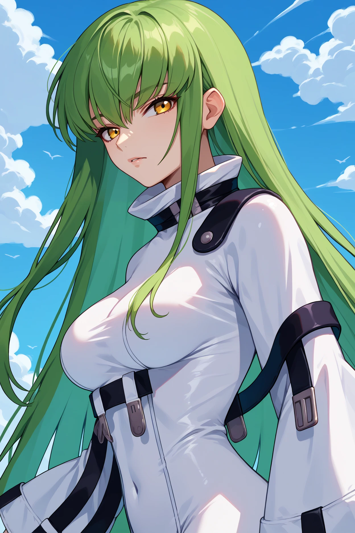 score_9, score_8_up, score_7_up, score_6_up, source_anime, 1girl, solo, <lora:cgcc-pdxl-nvwls-v1-000005:1> cgcc, green hair, very long hair, yellow eyes, white bodysuit, straitjacket, black straps, wide sleeves, big breasts, upper body, from side, looking at you, blue sky, clouds, covered navel