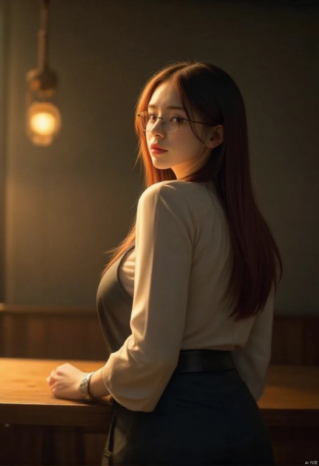 Cinematic texture,Captured at eye-level,a medium-sized Asian woman with long,straight brown hair,wearing a light-colored shirt and a dark-colored skirt. She is seated at a wooden table