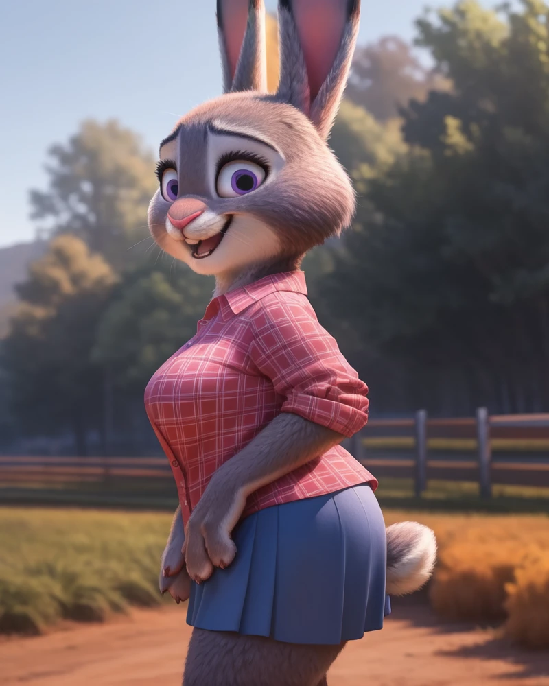 <lora:Bonnie_Hopps:0.6>, (zootopia style), (full body in shot), 1girl, solo, anthro, fully clothed, <lora:Furry_enhancer_Photo2:1>, side view, <lora:zootopia style:0.4>
BREAK
bonnie hopps (rabbit, lagomorph, anthro:1) (mature, 40yo) milf in a (pink check blouse) and (blue skirt) picking carrots in the field, ((happy expression)),((detailed, realistic fur <lora:Furtastic_Detailer:0.6>)), curvy, voluptuous, (large breasts), (torpedo tits), saggy tits, paws, [short legs]
BREAK
outdoors, farm background, bright daylight, shafts of sunlight, shallow depth of field, best quality, realistic, extremely detailed, ultra realistic, character concept art, highly detailed, intricate, (sharp focus), 85mm, (centered image composition), ((professionally color graded)), hdr 4k, 8k, (((four fingers and thumb))), bright diffuse, (RAW photo), best quality, realistic, photorealistic, extremely detailed, 8k, highest quality, masterpiece, High detail, (realistic, photo realism:1.37), (highest quality), (best shadow), ultra high resolution, highly detailed CG unified 8K wallpapers, physics-based rendering, cinematic lighting, <lora:MBHU-TT2F:0.6>