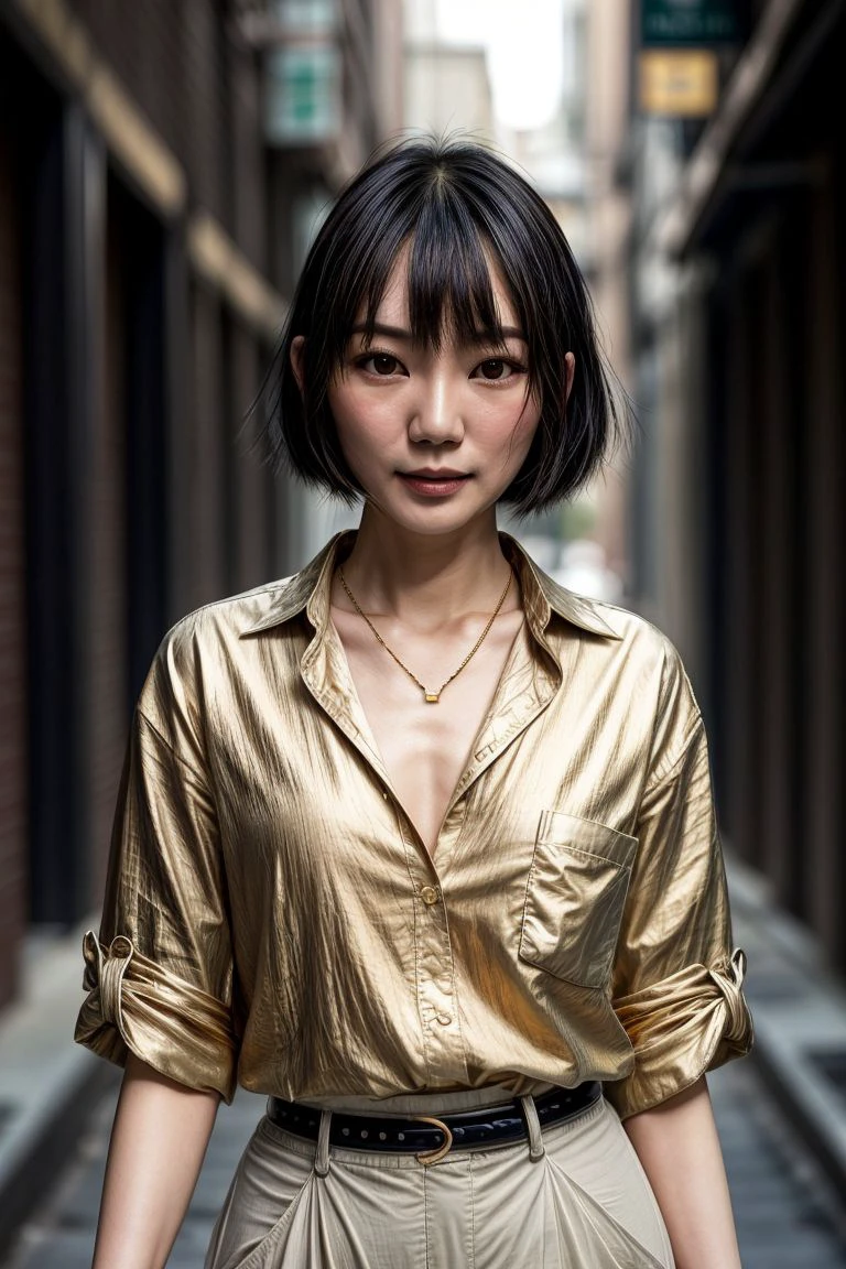 (masutepiece, top-quality:1.3), (Ultra detailed 8K cg:1.2), (hyper realisitic:1.35), (Photorealistic:1.45), (Realistic:1.4), 1 beautiful Japanese girl, 22 years old, (a blond:1.2), (Very short hair:1.2), (Tanned skin:1.5), Black Gal, flat chest, (gal make:1.3), (Looking at Viewer), Dynamic lighting, Cinematic Angle, (gray Coveralls:1.5), (garage), action, kneeling, Slouching,