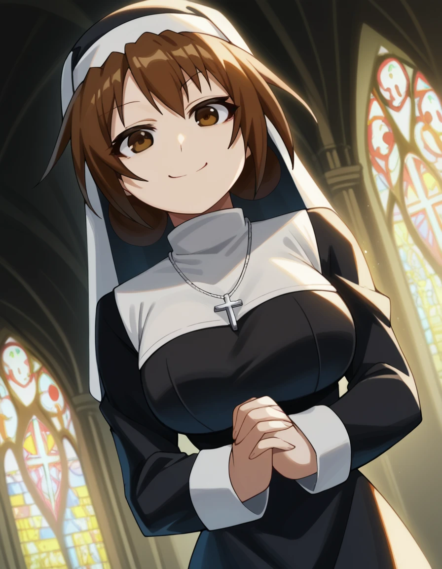 score_9, score_8_up, score_7_up, source_anime, <lora:itami-koga-s2-ponyxl-lora-nochekaiser:1>, itami koga, short hair, large breasts, brown hair, brown eyes,, <lora:traditional-nun-ponyxl-lora-nochekaiser:1>, traditional nun, nun, habit, long sleeves, dress, black dress, jewelry, black veil, cross, cross necklace,, church, smug, praying,, , dutch angle, cowboy shot