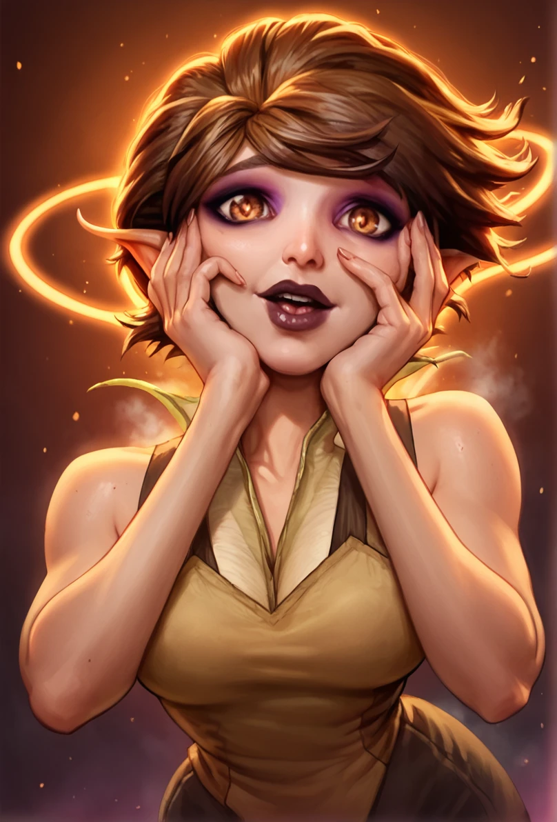 score_9, score_8_up, score_7_up, score_6_up, perfection, , (dynamic pose), (perfect anatomy), g0thicPXL, glowing, neon, dan, , steaming, thick thighs, mature female, RayneDG,
, <lora:Marianne:1> marianne, brown hair, brown eyes, short hair, pointy ears, eyeliner , dark lipstick ,
look at viewer, thin waist, supple breasts,
<lora:yandere_trance_v1_pruned:1> yandere trance, close-up, symbol-shaped pupils, hands on face