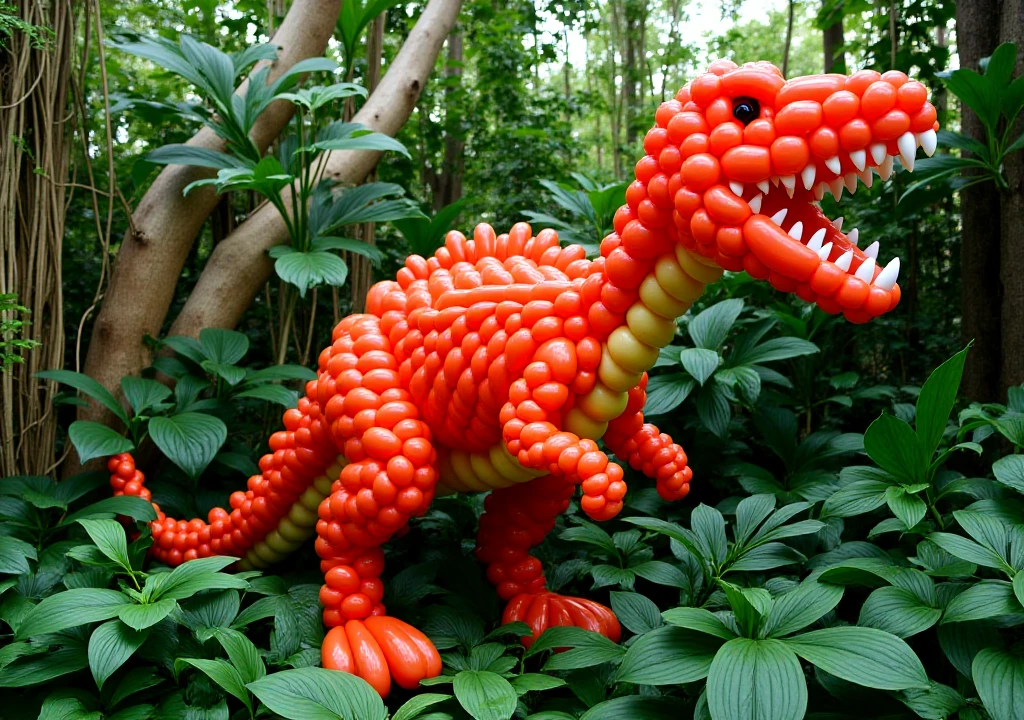 <lora:Balloon_Sculptures:1.2>  balloon sculpture, large scale, balloon animal, tyrannosaurus in the jungle