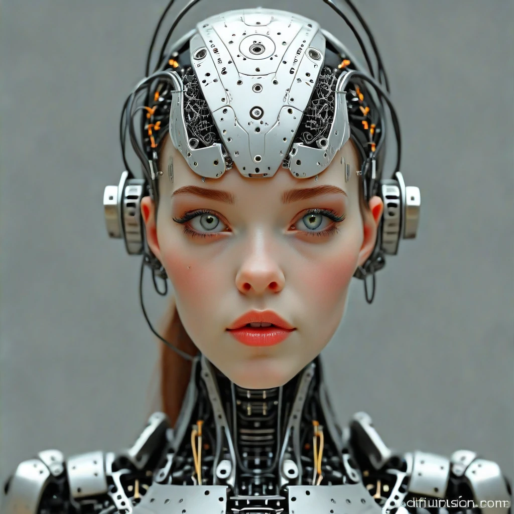 face_of_human, detailed_face_of_girl, metallic_head, head_with_electronic_parts, mechanical_body, robotic_design, mechanical_elements, wires_and_circuits, metallic_arms, human_hands, detailed_face, intricate_eyes, defined_nose, beautiful_features, feminine_beauty, realistic_skin, hybrid_robot_human, cybernetic_design, futuristic_aesthetic, high_detail, front view, looking front,