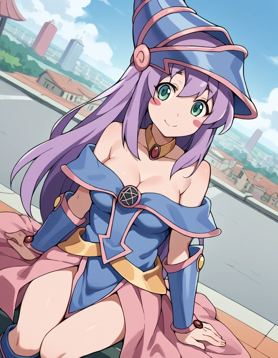 score_9, score_8_up, score_7_up, source_anime, <lora:nao-nonosaka-s1-ponyxl-lora-nochekaiser:1>, nao nonosaka, long hair, green eyes, purple hair, medium breasts,, <lora:dark-magician-girl-cosplay-ponyxl-lora-nochekaiser:1>, dark magician girl cosplay, dark magician girl (cosplay), bare shoulders, blue footwear, blush, blush stickers, cleavage, collarbone, duel monster, hat, off shoulder, pentacle, wizard hat,, outdoors, cityscape, sitting, smile, blush, cowboy shot, looking at viewer, , dutch angle, cowboy shot