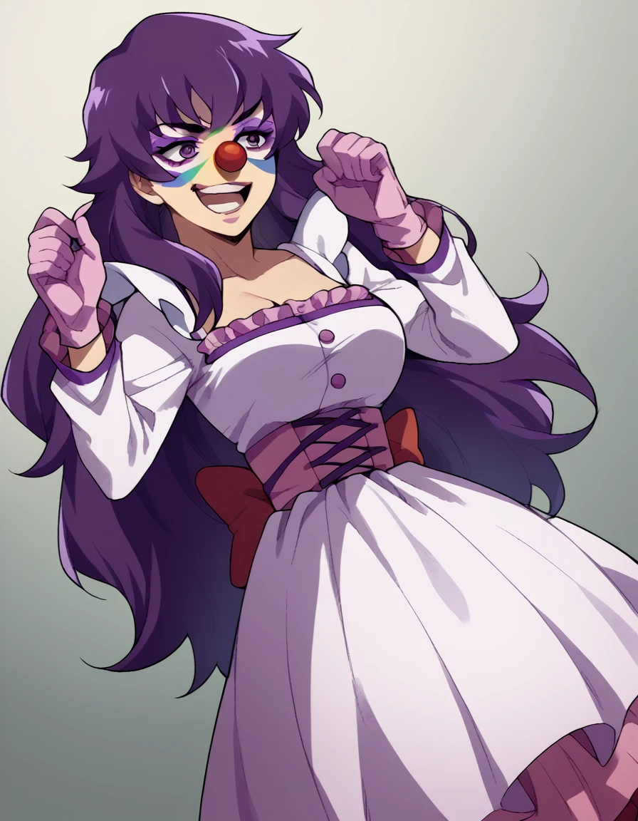 score_9, score_8_up, score_7_up, source_anime, <lora:minene-uryuu-s1-ponyxl-lora-nochekaiser:1>, minene uryuu, long hair, purple eyes, purple hair, large breasts,, <lora:clown-ponyxl-lora-nochekaiser:1>, clown, makeup, clown nose, facepaint, gloves, long sleeves, frills, dress,, smile, open mouth, smug, , dutch angle, cowboy shot